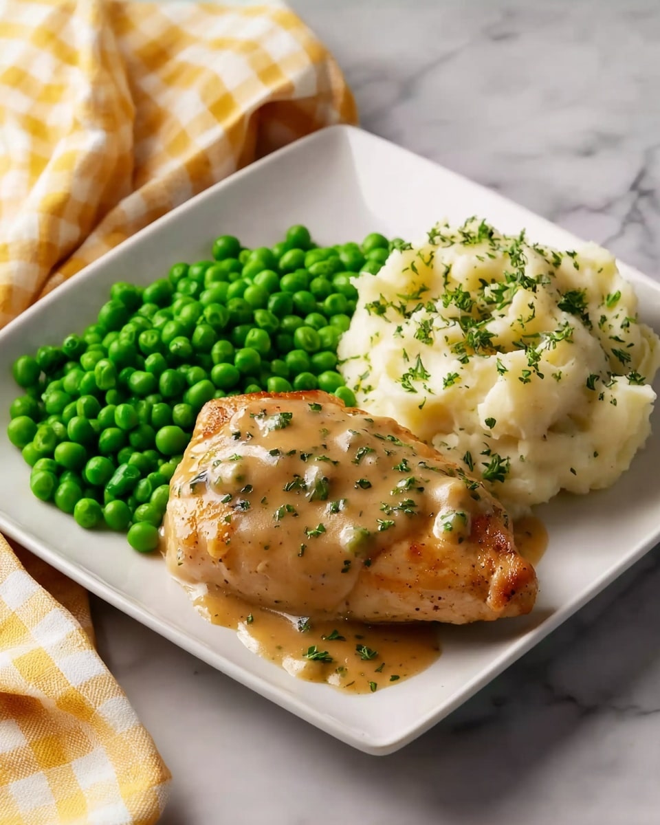 The dish shows a rectangular white plate with three parts: on the left is a browned piece of meat covered in a light brown sauce with small green herb bits, in the top right is a large scoop of white mashed potatoes sprinkled with finely chopped green herbs, and in the bottom right are bright green peas piled closely together. The plate sits on a white marbled surface with a yellow and white checkered cloth partially visible in the top left corner. The lighting is clear and bright, highlighting the colors and textures of the food photo taken with an iphone --ar 4:5 --v 7