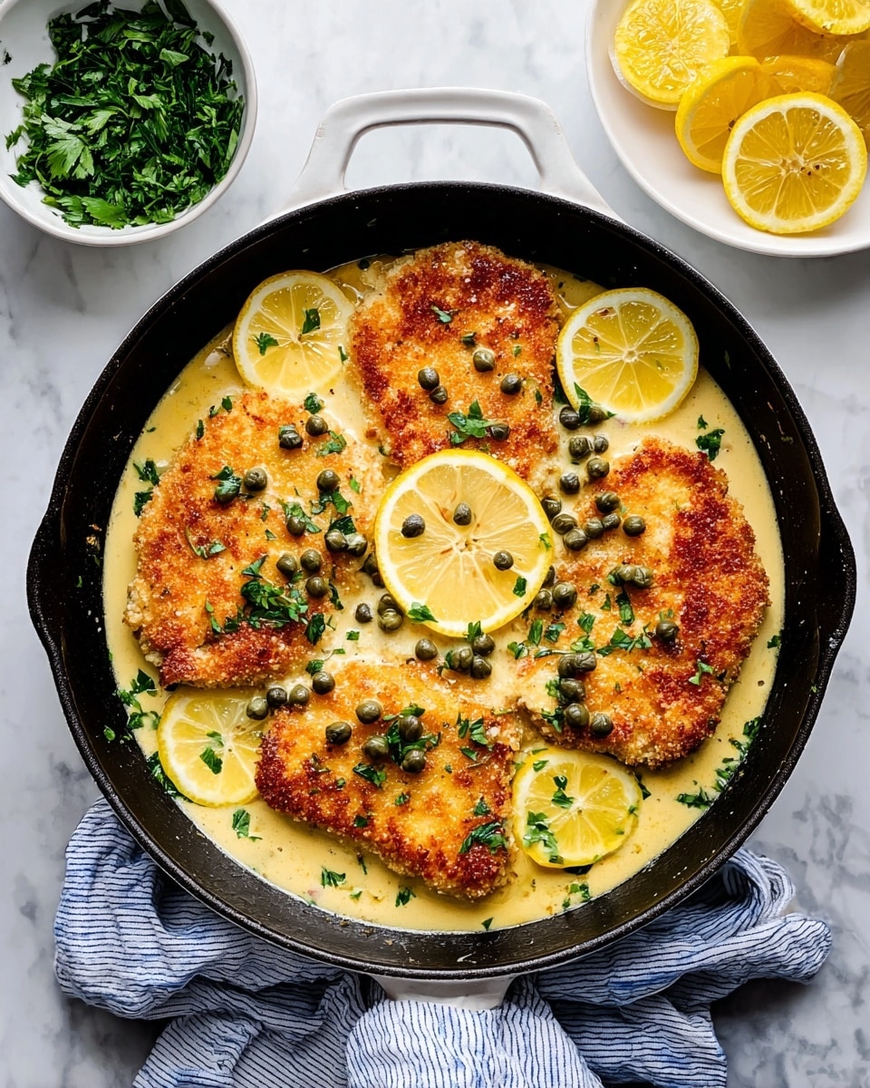 The image shows two raw chicken pieces placed on crumpled white parchment paper in the center on a white marbled surface. Surrounding the chicken are small white bowls and glass containers holding various ingredients: capers in a glass bowl, finely chopped garlic on a small plate, olive oil in a textured white bowl, two small blocks of butter on separate small white plates, all-purpose flour and breadcrumbs in white bowls, sea salt in a small stone bowl, lemon zest on a small white plate, two eggs in a clear glass bowl, white wine in a clear glass, flour in a small metal sieve, and chicken broth in a clear measuring jug. Everything is neatly arranged with a bright, clean look. photo taken with an iphone --ar 4:5 --v 7