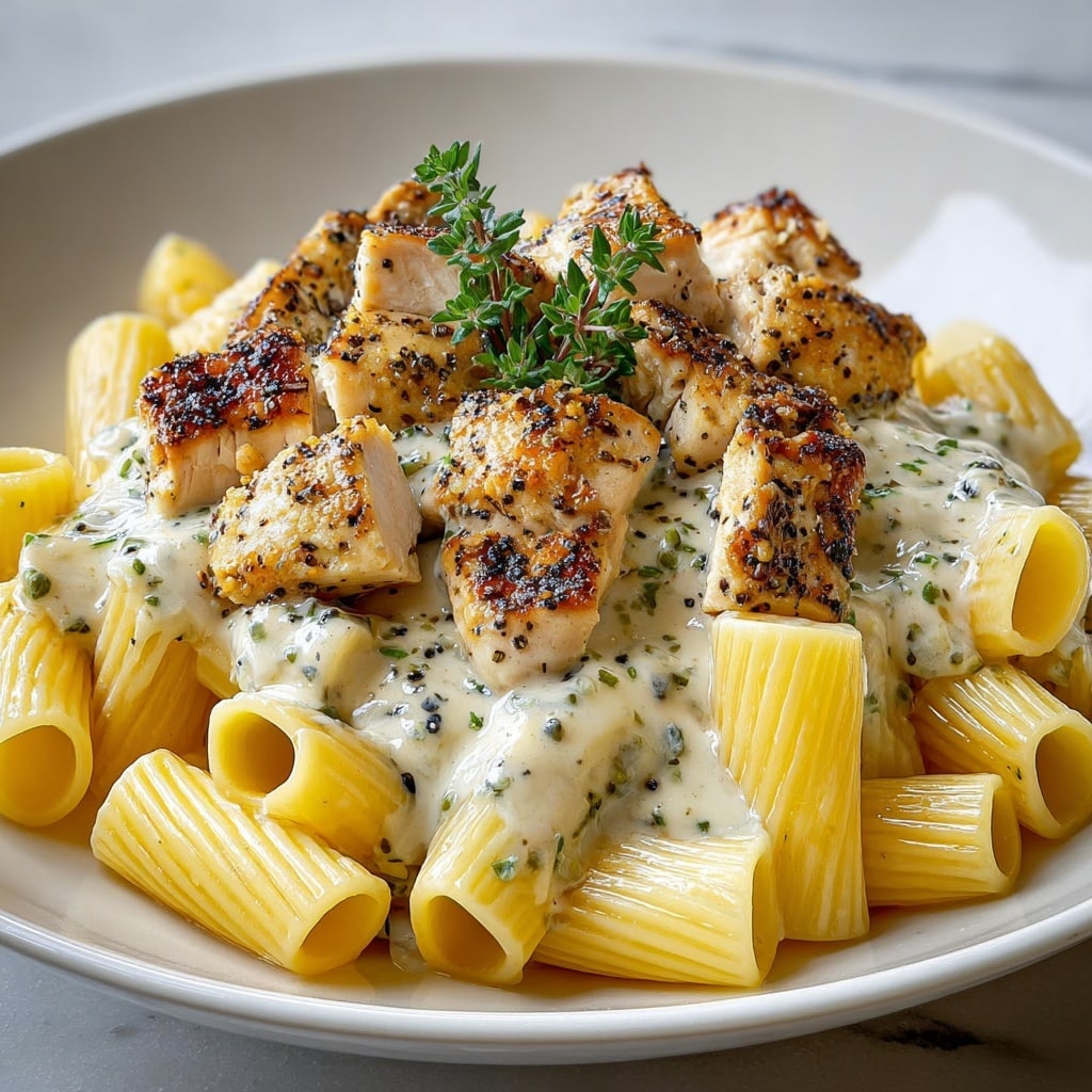 A white bowl filled with rigatoni pasta covered in a creamy white sauce mixed with herbs, topped with golden-brown grilled chicken cubes that have a slightly charred texture with visible black pepper specks, garnished with fresh green herb sprigs scattered evenly around. A silver fork rests on the right edge of the bowl, and the background is a white marbled surface. Photo taken with an iphone --v 7