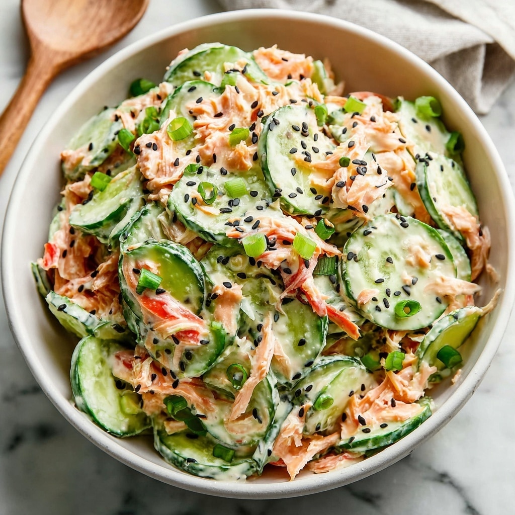 A white bowl filled with creamy salmon and cucumber salad sits on a white marbled surface. The salad has layers of light pink salmon chunks mixed with thin, bright green cucumber slices coated in a creamy sauce. Scattered over the top are small black sesame seeds and chopped green onions adding specks of black and bright green. A woman's hand holds the bowl slightly from the side, and a wooden spoon rests inside the bowl on the upper left side. The overall look is fresh with a mix of soft and crunchy textures, and bright natural colors. Photo taken with an iphone --v 7