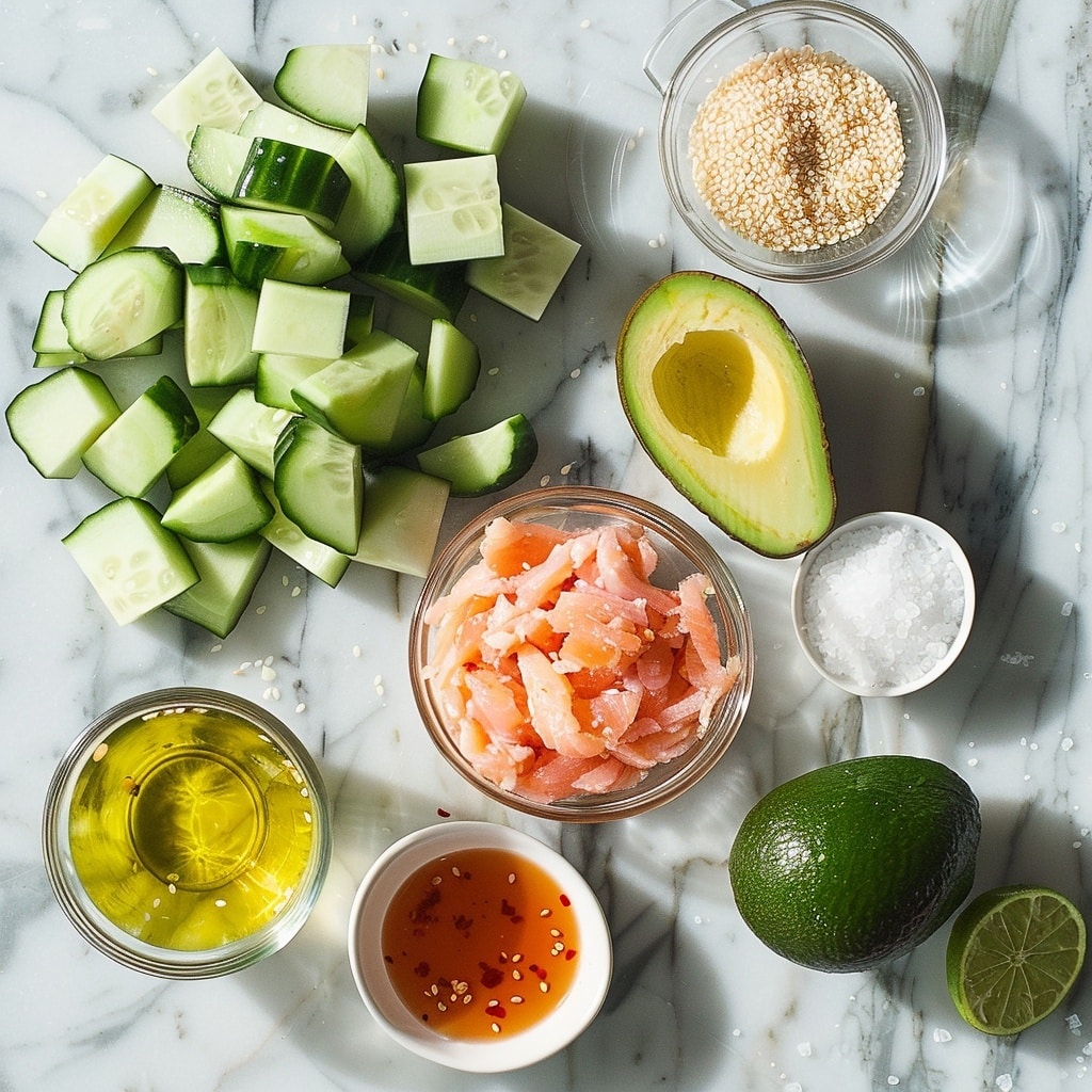 A white bowl filled with a creamy salad made of thinly sliced green cucumbers with dark green edges, shredded light orange salmon, and thin strips of red bell pepper. Bright green chopped scallions are mixed throughout, and the salad is topped with black and white sesame seeds scattered evenly on top. The creamy dressing coats the ingredients giving a soft texture contrast, all set against a white marbled surface with a wooden spoon partially visible nearby. photo taken with an iphone --v 7