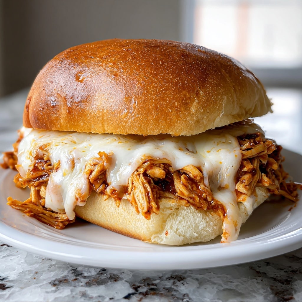 A sandwich with three main layers sits on a white plate over a white marbled surface. The bottom layer is a soft, light beige bun with a slightly toasted inside. The middle layer consists of reddish-brown shredded meat mixed with sauce, giving it a moist and textured look. On top of the meat is a layer of melted white cheese, appearing gooey and stretching slightly. The sandwich is finished with a smooth, golden-brown bun top that shows a soft, slightly shiny texture. Photo taken with an iphone --v 7