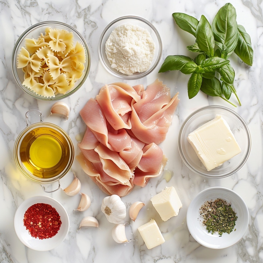A close-up view of a plate full of bowtie pasta coated in a creamy orange sauce, mixed with pieces of browned meat and small chunks of red bell pepper. The pasta is layered with a generous sprinkle of black pepper and finely chopped green herbs, adding texture and color contrast. The dish sits in a simple white plate on a white marbled surface. A silver spoon rests on the edge of the plate, partially sunk into the pasta, ready to serve. photo taken with an iphone --v 7