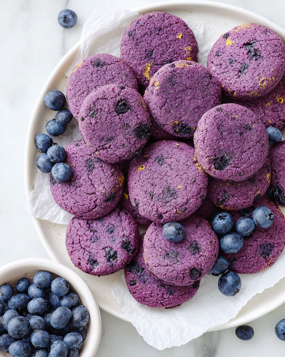 Large white serving plate filled with a full batch of vibrant purple blueberry cookies, perfectly round and textured with bits of blueberries and a hint of citrus zest, scattered fresh blueberries around the plate for garnish, all arranged on white parchment paper against a white marble countertop, photographed from a professional 3/4 angle shot with natural lighting, hero food magazine style photo taken with an iphone --ar 4:5 --v 7