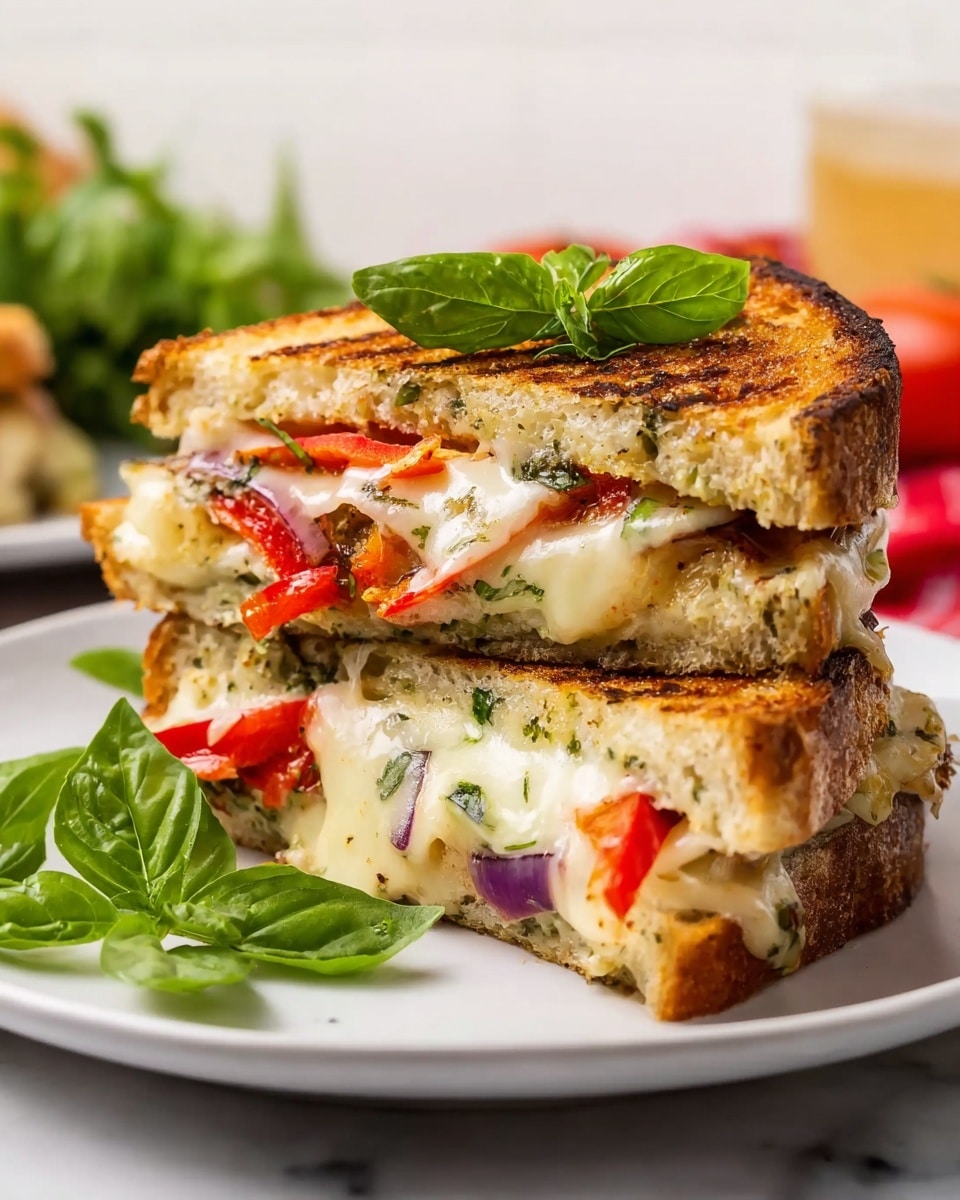 A full, freshly pressed panini sandwich on a large white plate, showcasing a golden-brown toasted ciabatta loaf filled with layers of melted cheese, fresh red onion rings, grilled chicken, roasted red peppers, and a generous spread of vibrant green pesto sauce, presented alongside a colorful mixed salad with lettuce, cherry tomatoes, and croutons in a clean white bowl in the background, all set on a white marble countertop under natural lighting for a professional food magazine hero shot, photo taken with an iphone --ar 4:5 --v 7