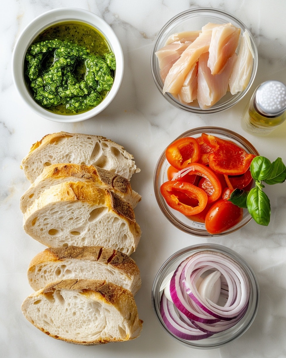 Single white plate holding one stacked panini sandwich half, showcasing melted white cheese oozing between herb-speckled grilled bread slices with visible roasted red pepper strips and hints of purple onion, fresh basil leaves placed on top and alongside for garnish, close-up shot angled to reveal the sandwich's interior layers and textures, set on a white marble surface under natural light, styled as a ready-to-eat individual serving from a food blog, photo taken with an iphone --ar 4:5 --v 7