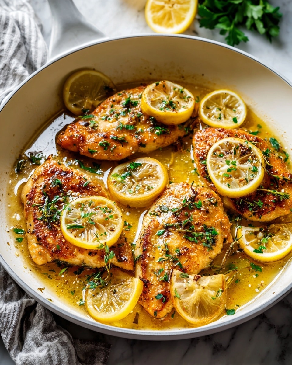 Large white skillet filled with four golden-brown lemon herb chicken fillets simmering in a glistening buttery lemon sauce, garnished with bright fresh parsley and thinly sliced lemon rounds scattered throughout the pan, whole dish shown from a 3/4 angle on a white marble countertop with natural lighting, styled like a hero shot from a gourmet food magazine, photo taken with an iphone --ar 4:5 --v 7