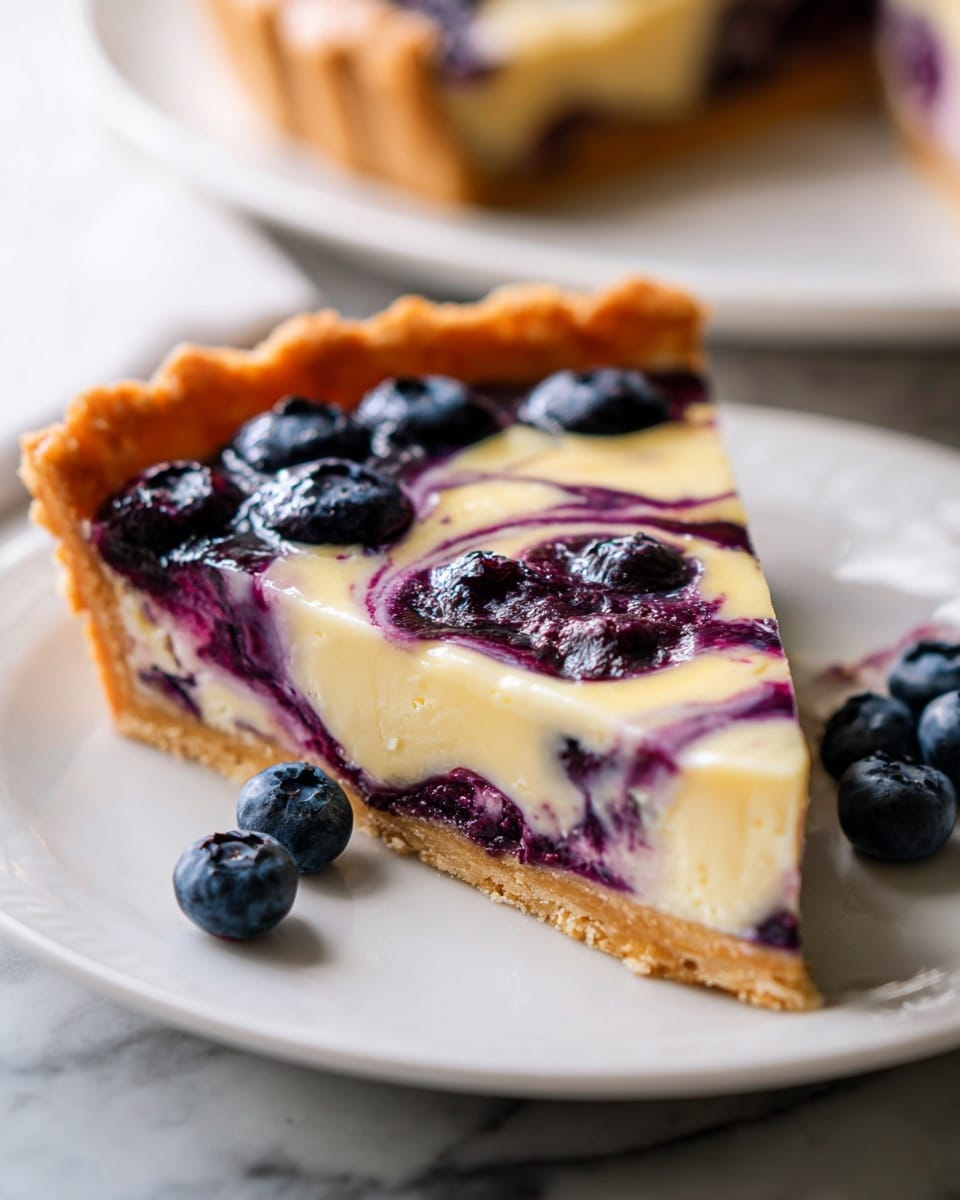 Entire lemon tart in a white fluted tart dish, showcasing a smooth creamy lemon filling swirled with rich blueberry sauce and scattered with fresh whole blueberries, garnished with two lemon wedges on the side, placed on a white marble countertop with natural light highlighting the vibrant colors, professional food magazine hero shot photo taken with an iphone --ar 4:5 --v 7