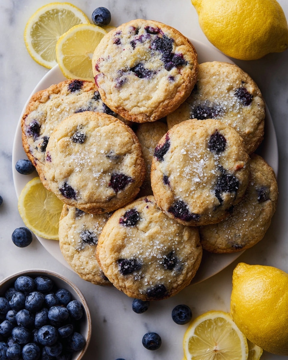 White round platter filled with a full batch of freshly baked lemon blueberry cookies, each cookie golden brown with visible blueberries bursting throughout, lightly sprinkled with sugar crystals on top, accompanied by fresh whole blueberries and thin lemon slices artfully arranged around the platter, photographed from a 3/4 angle on a white marble countertop with natural lighting, professional food magazine hero shot photo taken with an iphone --ar 4:5 --v 7