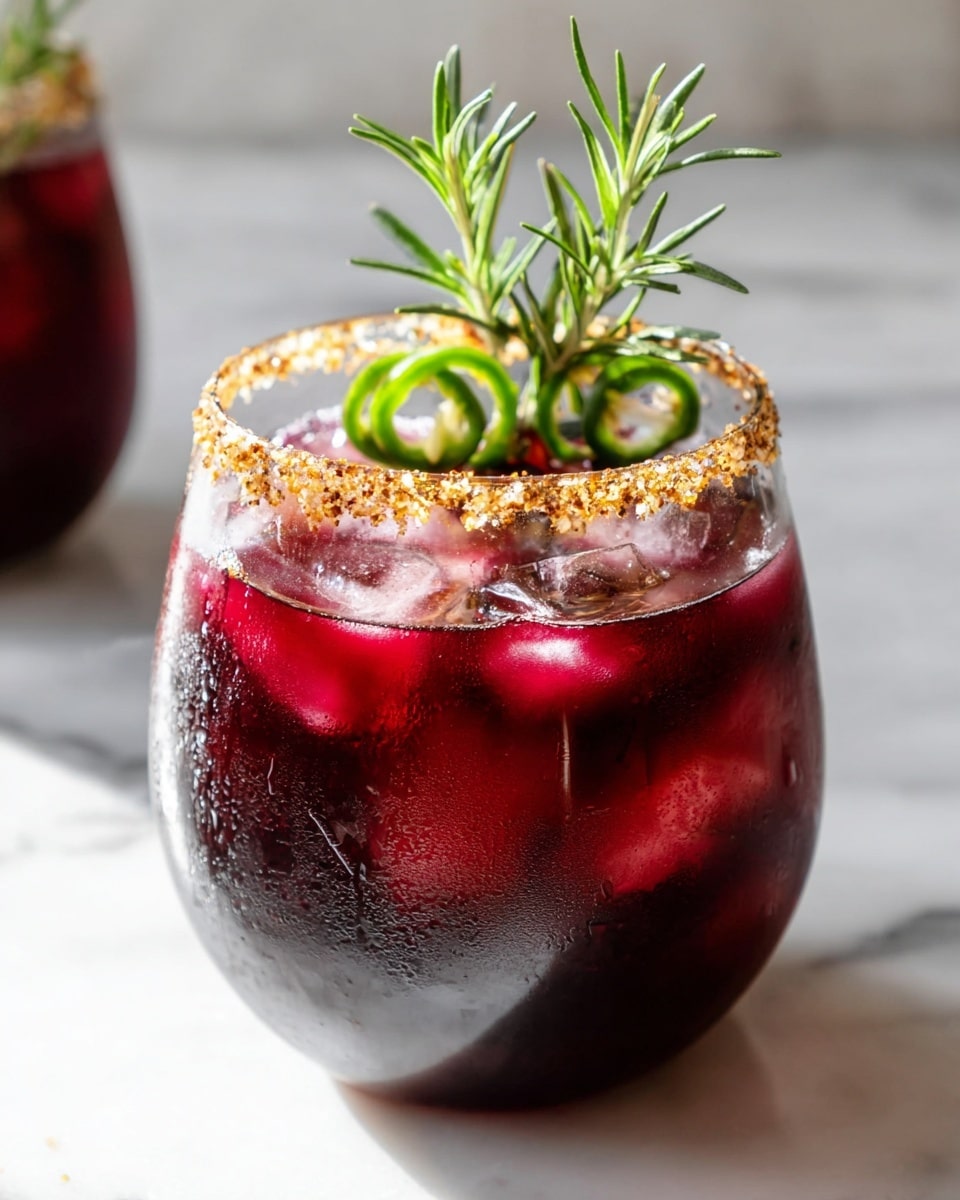 Two large white glasses filled with vibrant dark red holiday sangria, each rimmed with a golden sugar and spice mix, packed with ice cubes, fresh cranberries, lime slices, and garnished with sprigs of fresh rosemary, set on a white marble countertop with soft natural lighting, festive blurred greenery in the background, professional food styling photo taken with an iphone --ar 4:5 --v 7