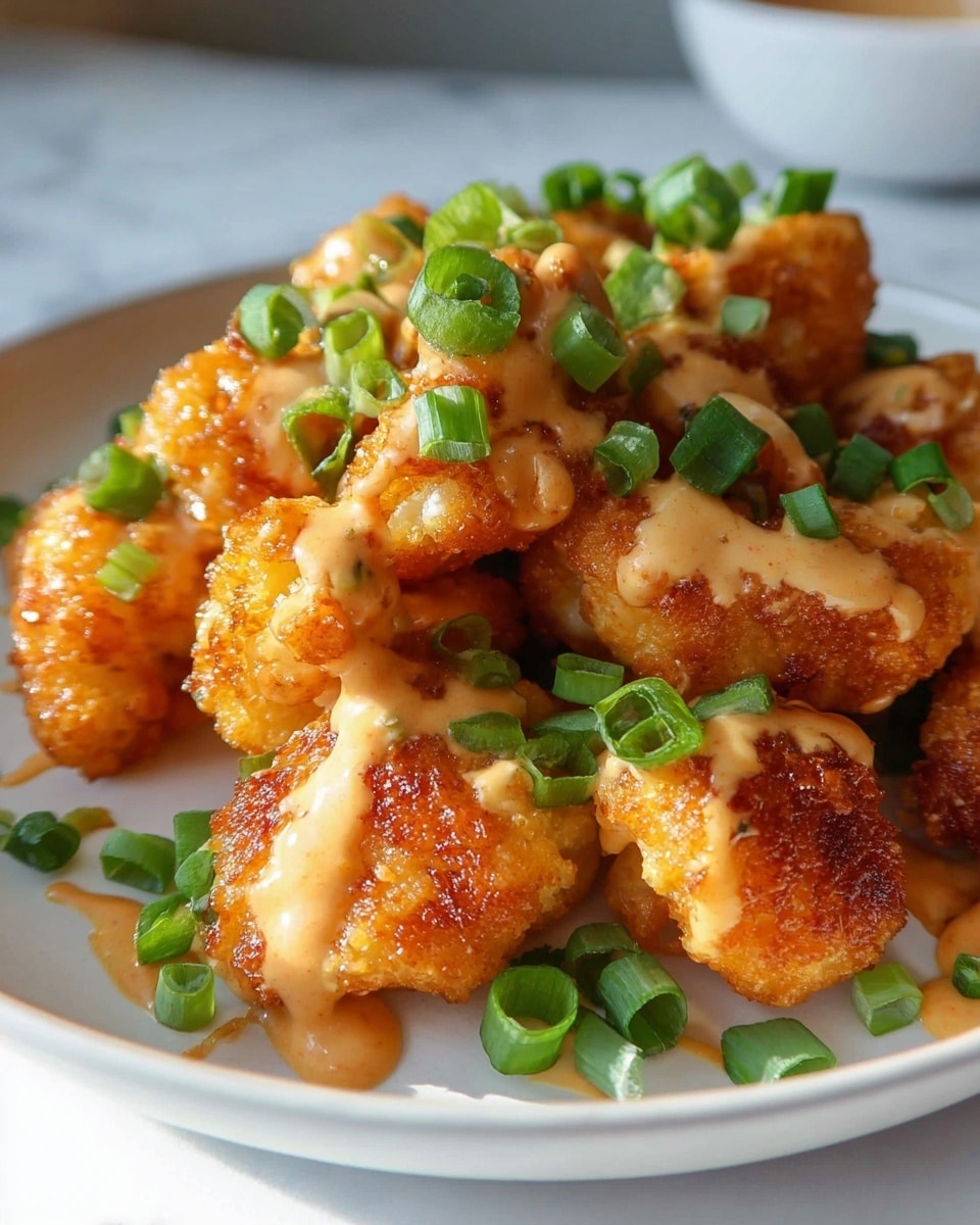 Large white serving bowl filled with a generous pile of crispy golden fried cauliflower florets, generously drizzled with creamy, spiced orange sauce and sprinkled with fresh chopped parsley, whole dish presented from a 3/4 angle on a white marble countertop, natural lighting enhancing the textures and colors like a professional food magazine hero shot, photo taken with an iphone --ar 4:5 --v 7