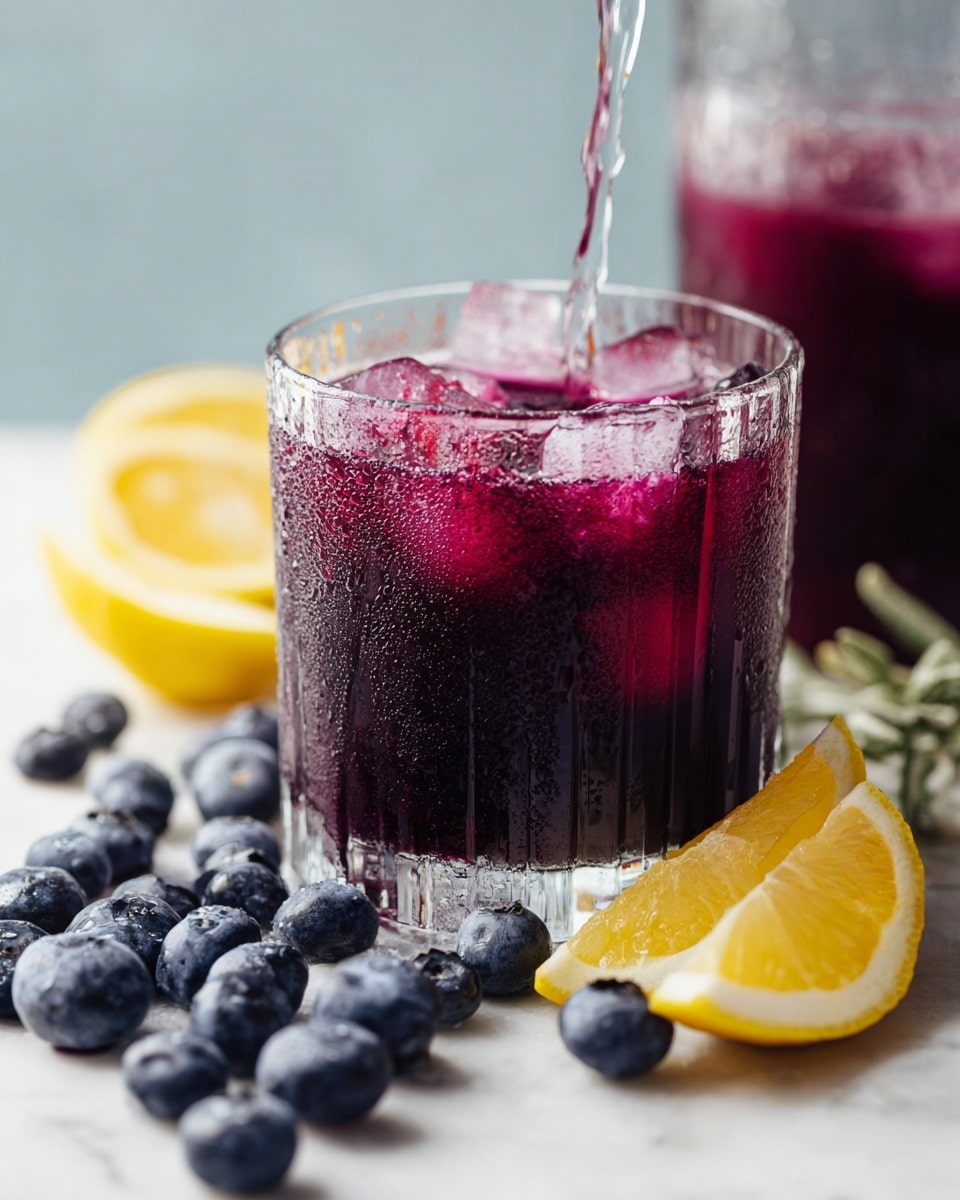 A group of clear ribbed glasses filled with vibrant purple blueberry lemonade, each glass garnished with a fresh lemon wedge on the rim and a sprig of rosemary, arranged together on a white marble countertop with scattered lemon slices and fresh blueberries around, accompanied by a glass bottle of the same drink in the background, all captured in natural lighting from a 3/4 angle ending with an elegant and refreshing presentation, photo taken with an iphone --ar 4:5 --v 7