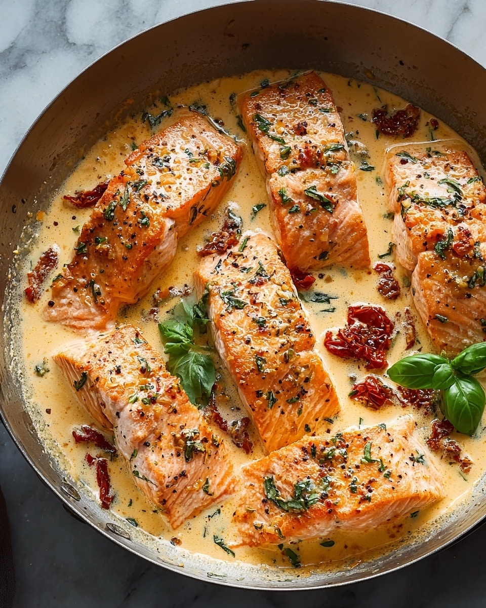 Large white frying pan filled with perfectly cooked salmon fillets bathed in a creamy sun-dried tomato and herb sauce, the sauce richly infused with fresh basil leaves and cracked black pepper, beautiful golden sear marks on each piece glistening under natural light, shot from a 3/4 angle on a white marble background, styled professionally like a food magazine hero shot, photo taken with an iphone --ar 4:5 --v 7