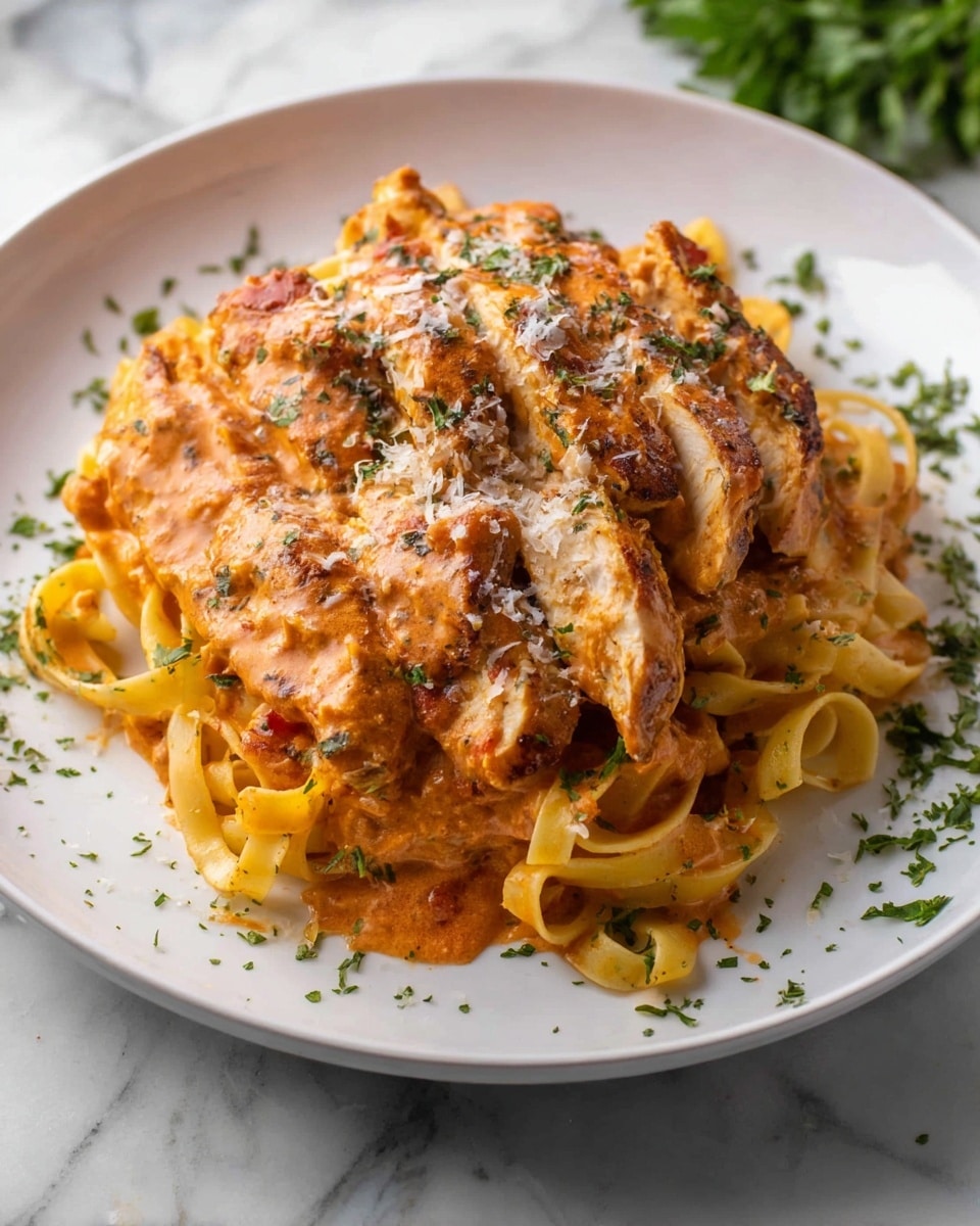 Large white oval baking dish filled with three whole chicken breasts simmering in a rich creamy tomato sauce, vibrant chunks of tomato and specks of black pepper visible throughout, fresh chopped basil sprinkled on top for garnish, the entire dish captured in a professional 3/4 angle shot on white marble background, natural lighting highlighting the warm and appetizing colors, photo taken with an iphone --ar 4:5 --v 7