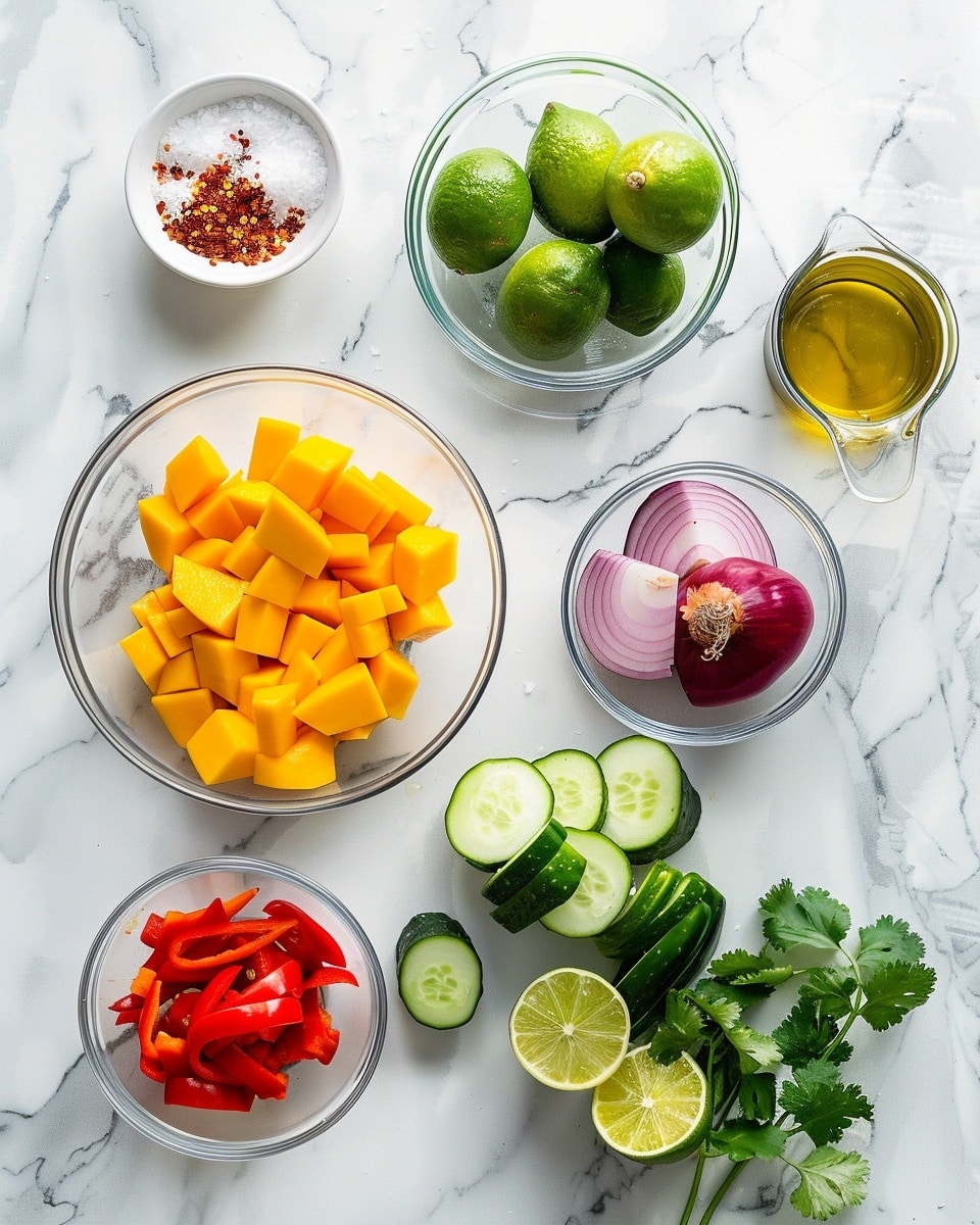 Single white shallow bowl containing a vibrant single serving of fresh mango cucumber salsa, showcasing chunky pieces of yellow mango, crisp cucumber, red bell pepper, finely chopped red onion, and bright green cilantro leaves, garnished with a wedge of lime on the side, close-up angled shot revealing the juicy, textured interior of the fruit and vegetables, placed on a white marble surface, natural lighting highlighting the freshness and vivid colors, intimate plated serving photo taken with an iphone --ar 4:5 --v 7