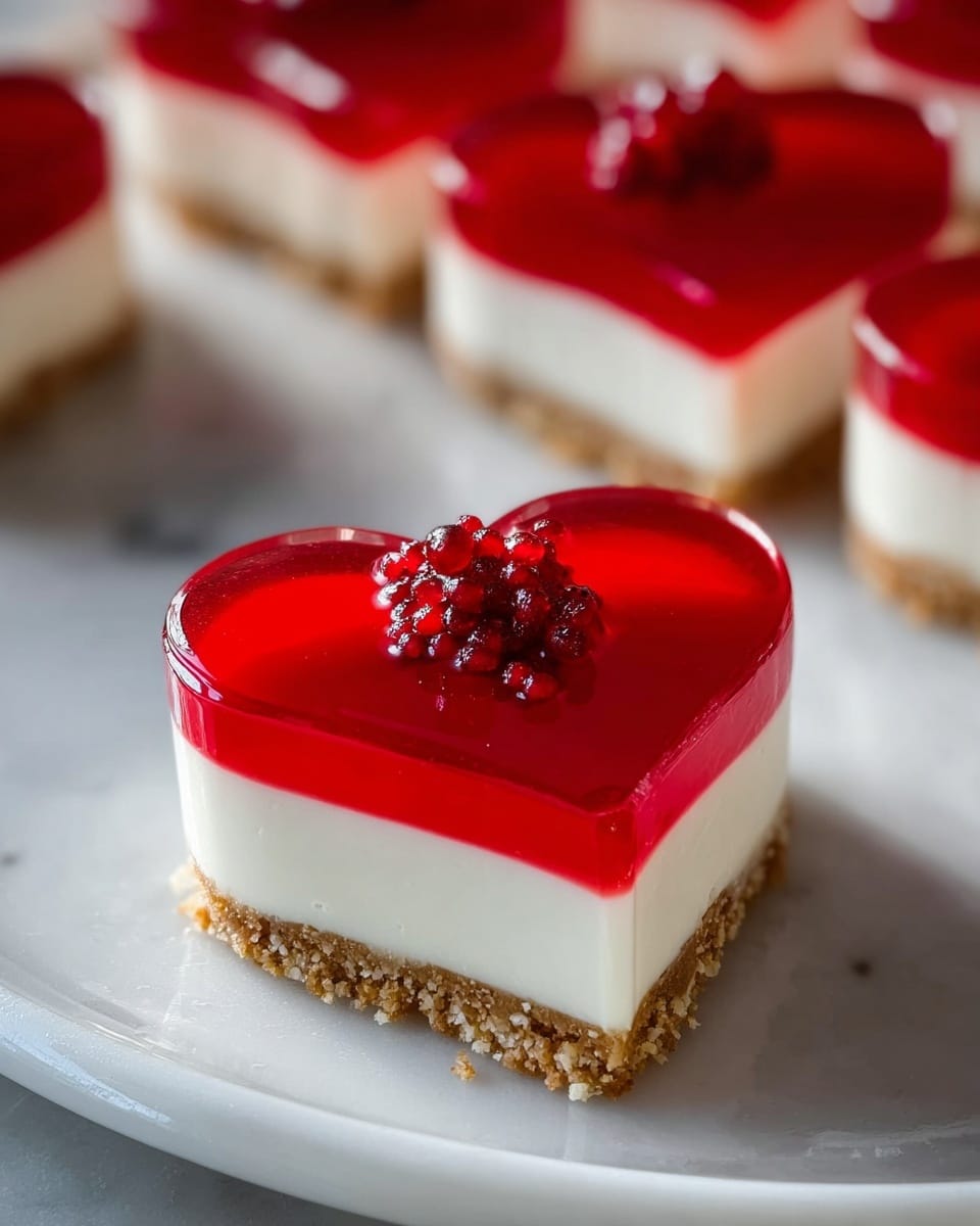 A large white serving platter showcasing a full batch of heart-shaped mini cheesecakes, each layered with a crumbly golden graham cracker crust, a smooth creamy white cheesecake center, and topped with a glossy vibrant red fruit glaze with a small dollop of fresh berry compote on top, all arranged neatly in rows, photographed from a 3/4 angle on a white marble countertop with natural lighting, professional food magazine style hero shot, photo taken with an iphone --ar 4:5 --v 7