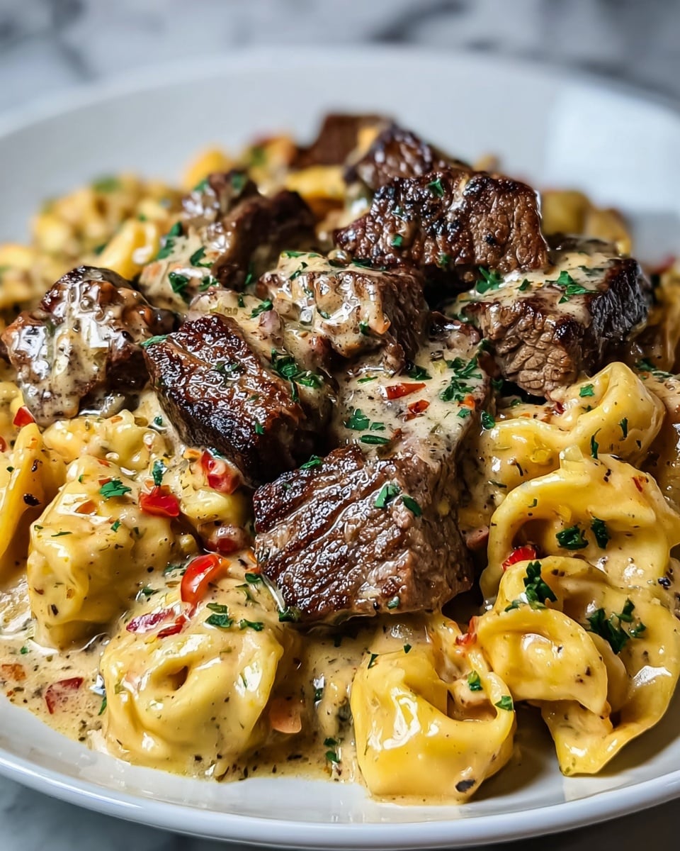 Large white serving bowl filled with a generous portion of creamy cheese tortellini, topped with numerous pieces of perfectly seared steak bites coated in a rich, peppery cream sauce, garnished with freshly chopped parsley and a dollop of melted butter, accompanied by a side of chunky tomato relish, whole dish photographed from a 3/4 angle on white marble countertop, professional food styling photo taken with an iphone --ar 4:5 --v 7