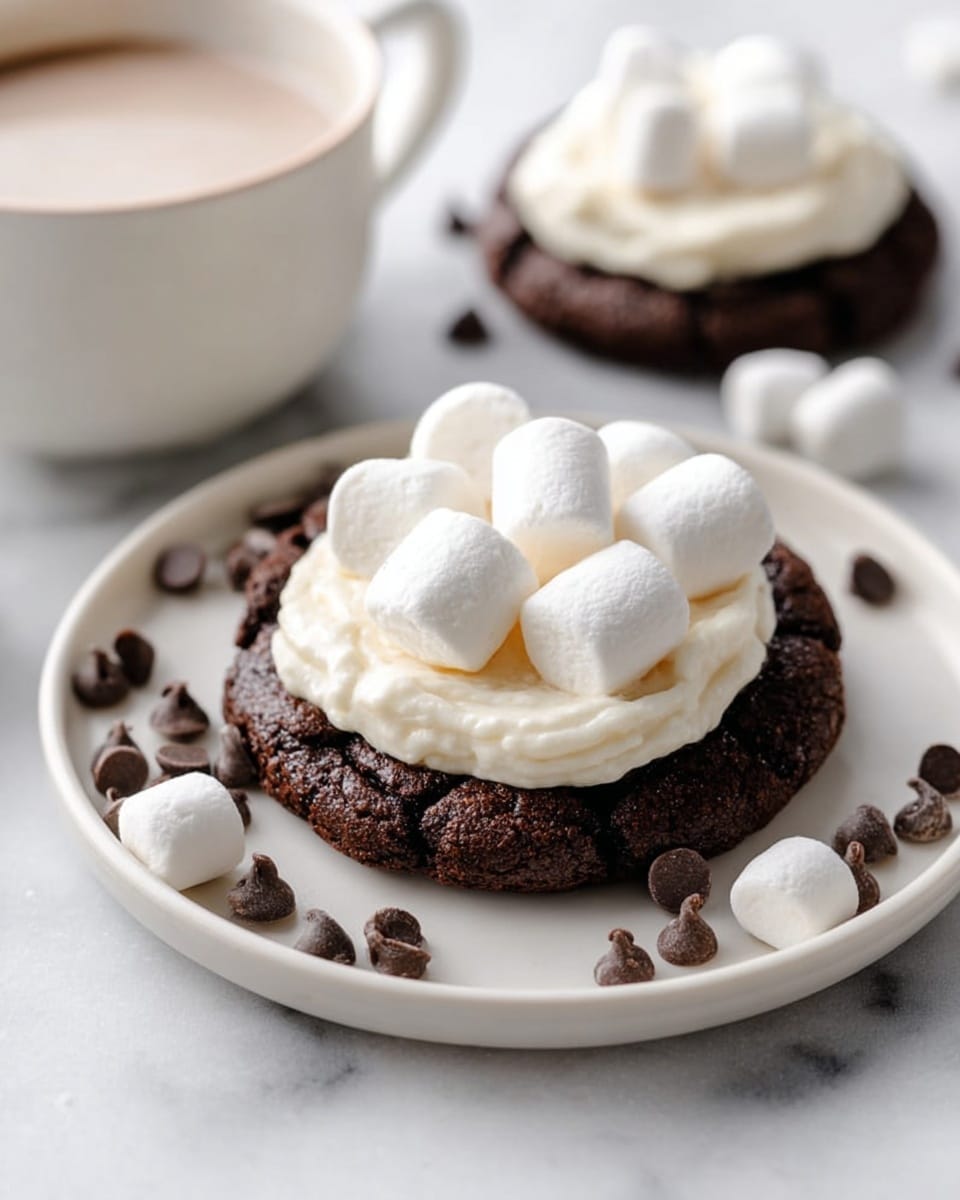 Large white plate arranged with several whole chocolate cookies topped with smooth white frosting and miniature marshmallows, accompanied by a white mug filled with frothy hot chocolate featuring marshmallows on the surface, all presented together on a white marble background with warm natural lighting, professional food styling shot from a 3/4 angle showing the entire scene in frame, photo taken with an iphone --ar 4:5 --v 7