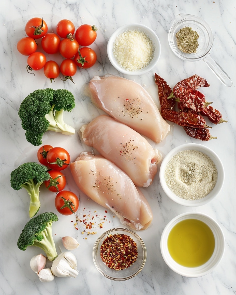 Single white plate with one plated portion of cheesy baked chicken and broccoli, tender golden chicken pieces topped with melted creamy cheese, surrounded by vibrant green broccoli florets and roasted cherry tomatoes, close-up angled view revealing juicy interior textures of the chicken and soft, flavorful vegetables, sprinkled with freshly cracked black pepper and herbs, served on a white marble surface with natural lighting, styled as an individual serving from a food blog, photo taken with an iphone --ar 4:5 --v 7