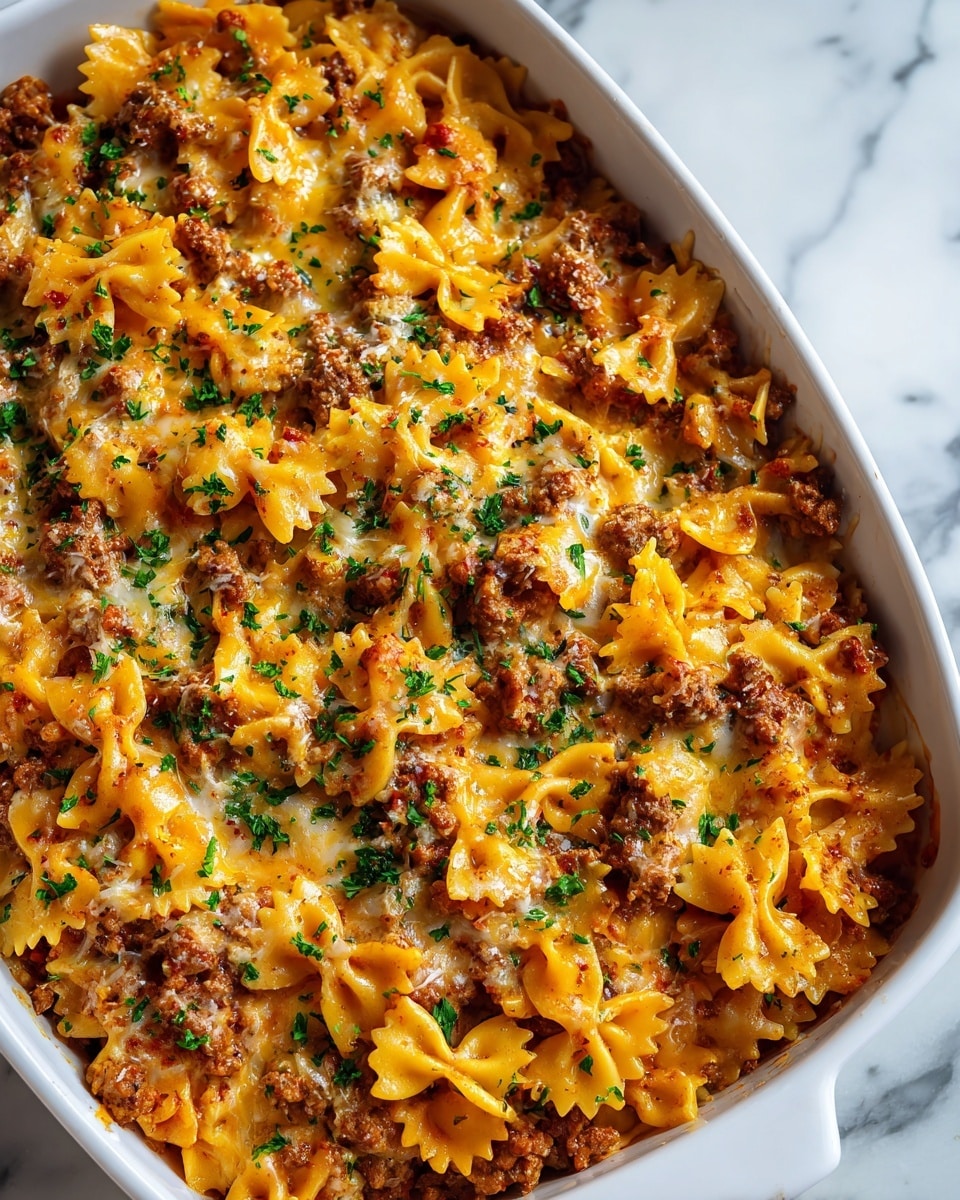 Large white baking dish filled with a whole baked pasta casserole featuring vibrant bow-tie pasta mixed evenly with ground meat, melted golden cheese, and sprinkled with fresh green herbs, the entire dish photographed from a 3/4 angle on a white marble surface with natural lighting, styled as a hero food magazine shot, photo taken with an iphone --ar 4:5 --v 7
