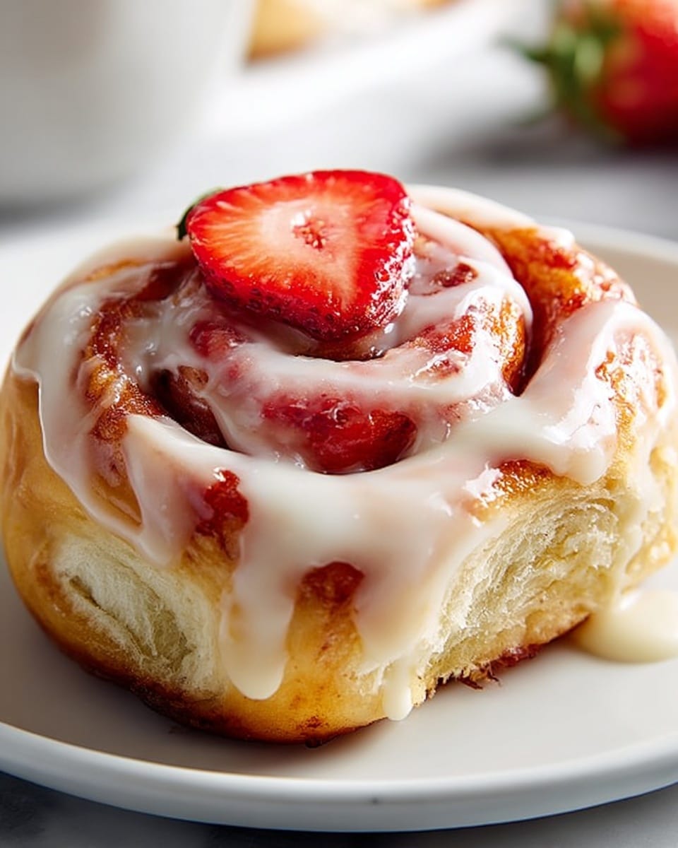 Square white baking pan filled with nine perfectly baked strawberry cinnamon rolls, generously coated in glossy creamy icing that softly drapes over the golden-brown edges, each roll showcasing fresh whole strawberries nestled in swirls of vibrant red strawberry filling, photographed from above on a white marble countertop with natural light, styled for a professional culinary magazine hero shot, photo taken with an iphone --ar 4:5 --v 7