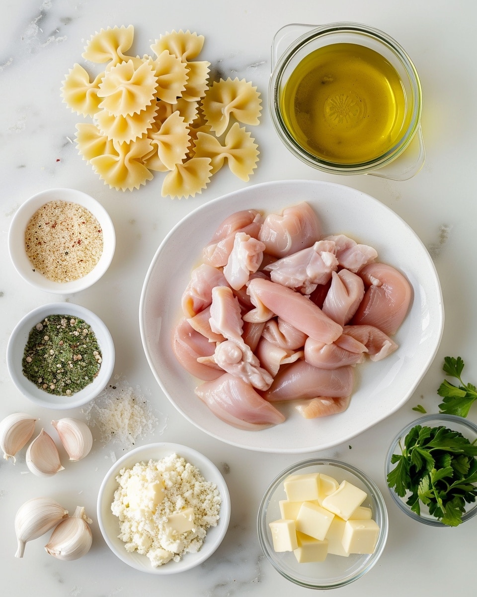 Single white bowl with a close-up of a single serving of creamy bowtie pasta tossed in a rich herb-infused sauce, topped with perfectly seared, golden-brown seasoned chicken pieces sprinkled with fresh chopped parsley and red pepper flakes, highlighting the tender texture of the chicken and the smooth coating of sauce on the pasta, served on a white marble surface with natural lighting, intimate plated serving photo taken with an iphone --ar 4:5 --v 7