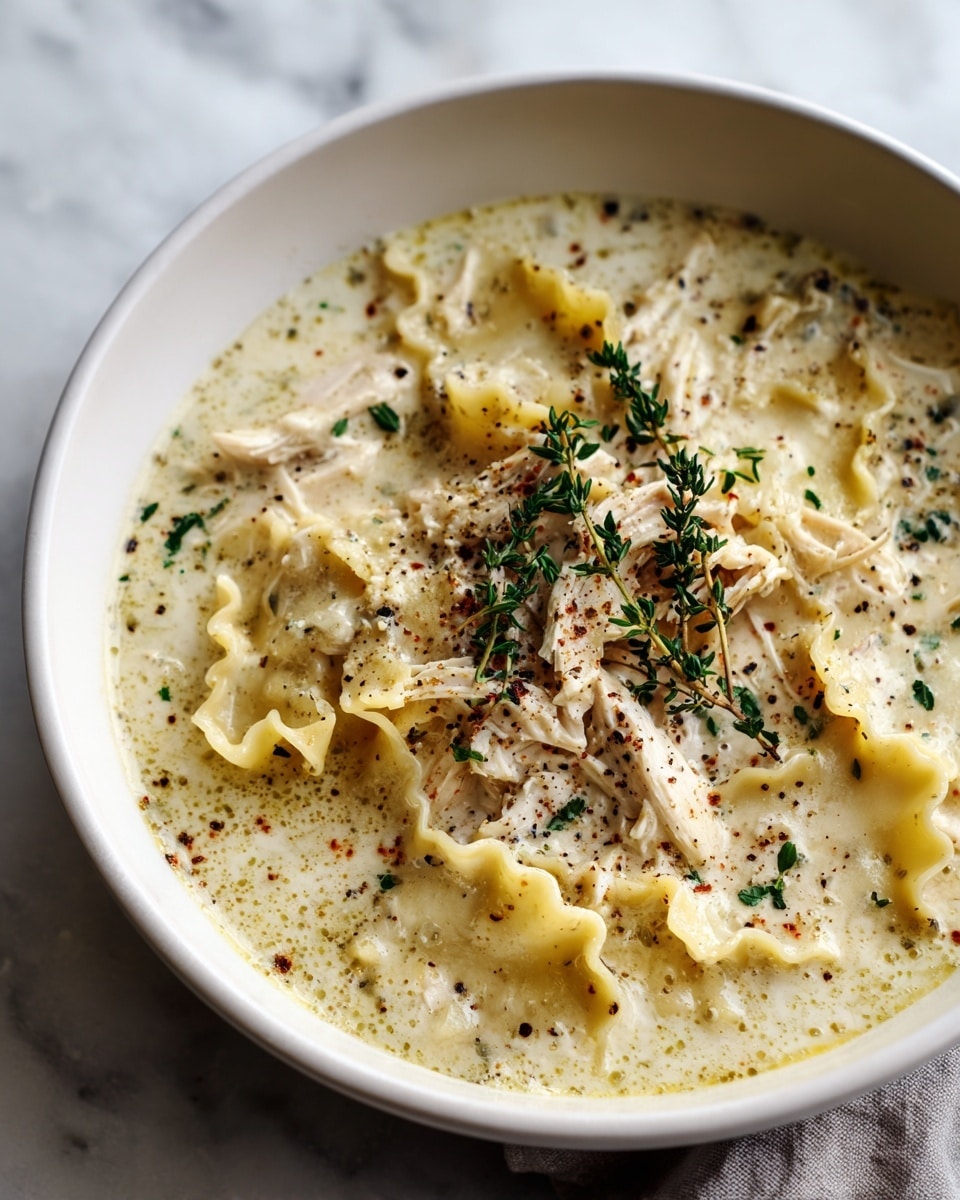 Large white enamel pot filled with creamy mushroom lasagna soup, showcasing full wide lasagna noodles immersed in a rich, velvety cheese and mushroom broth, dotted with fresh spinach leaves and sliced mushrooms, the entire dish captured from a 3/4 angle on a white marble countertop with natural lighting, styled as a professional food magazine hero shot, photo taken with an iphone --ar 4:5 --v 7