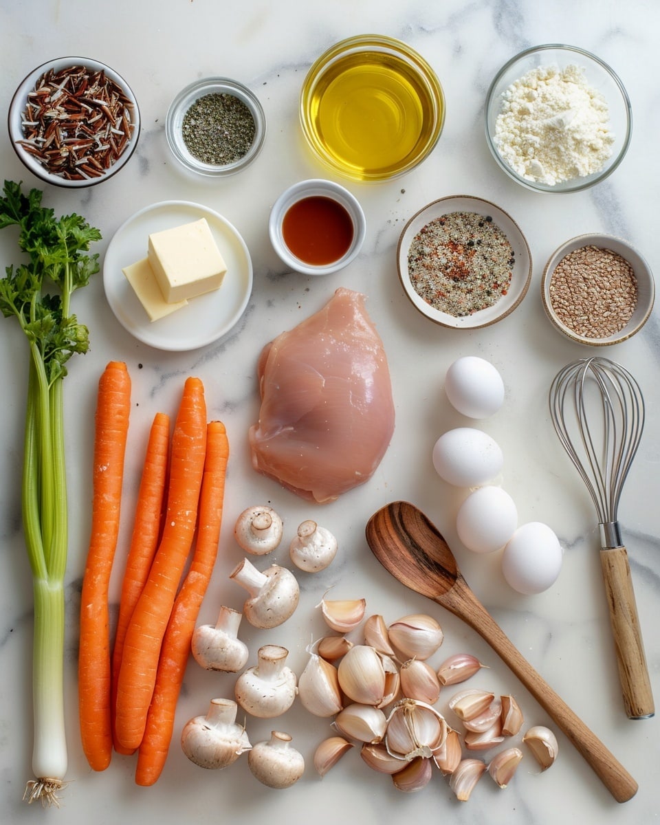 A single white plate with a generous portion of creamy wild rice casserole, showcasing a thick, hearty texture studded with visible chunks of mushrooms, carrots, celery, and savory herbs, topped with a golden-brown, crispy breadcrumb crust sprinkled with fresh parsley, close-up angled shot revealing the creamy interior and tender vegetables, natural lighting highlighting the contrast between crunchy topping and soft filling, placed on a white marble surface, styled like a food blog, photo taken with an iphone --ar 4:5 --v 7