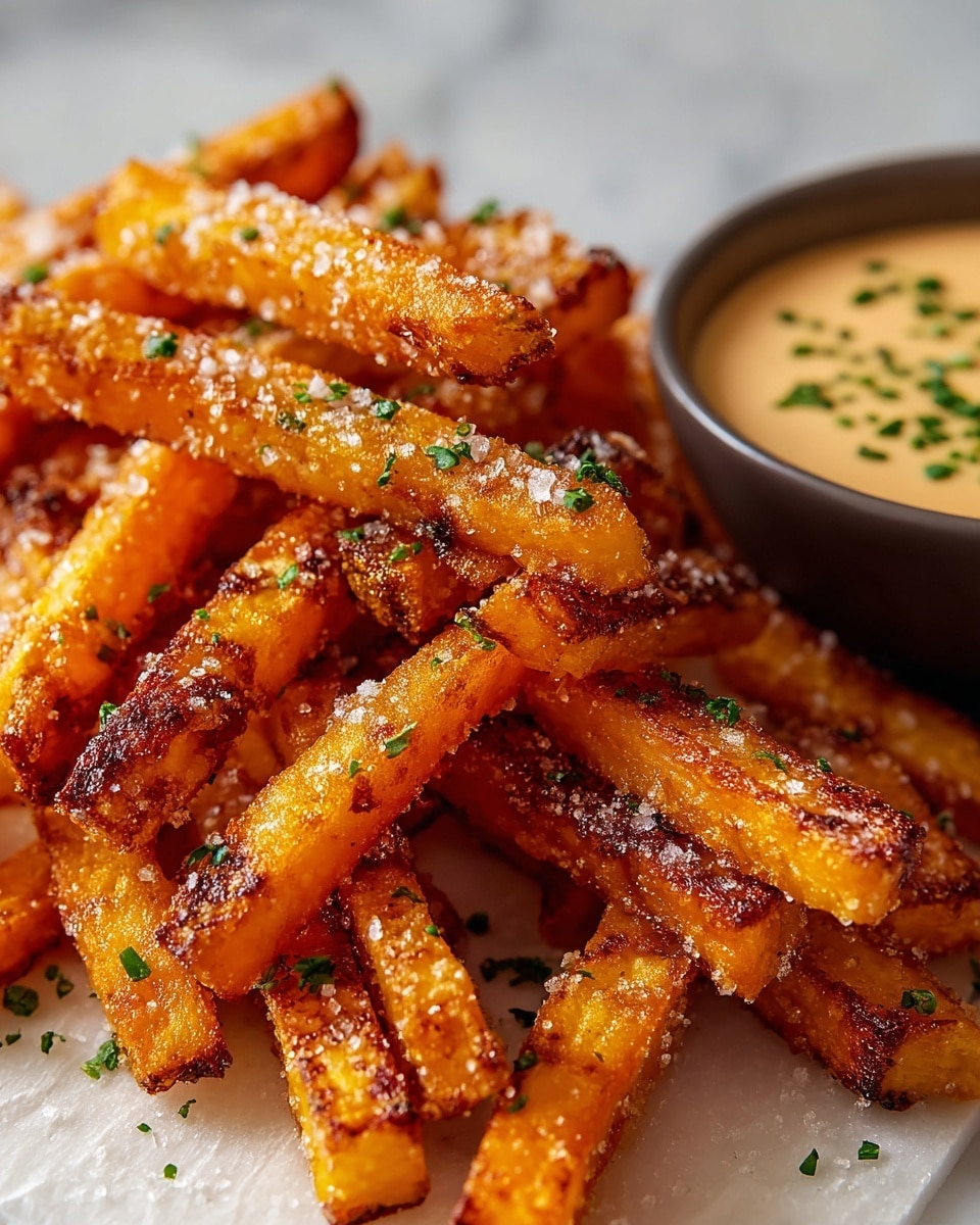 A close-up view of a pile of golden-orange fries with crispy, slightly charred edges, covered in coarse salt and small green herb bits. The fries are stacked irregularly on a white surface with a rough texture. In the background, there is a smooth, dark bowl filled with a light beige creamy sauce sprinkled with finely chopped green herbs. The overall setting is on a white marbled surface. photo taken with an iphone --ar 4:5 --v 7