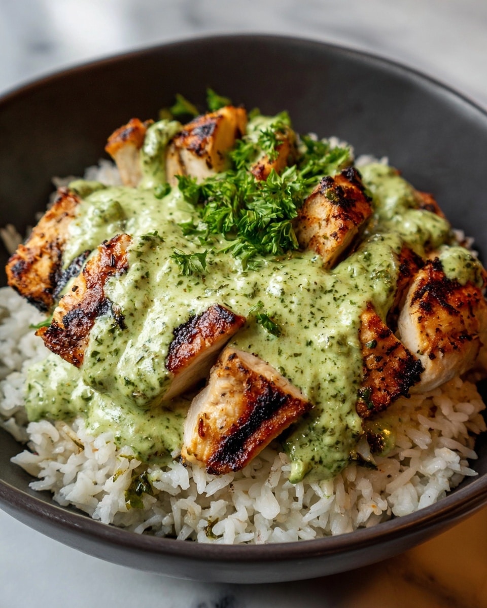 A dark gray round plate holds a bed of light beige rice mixed with small bits of herbs as the first layer. On top of the rice is the second layer of grilled chicken pieces, showing a golden brown color with some charred black spots. The third layer is a green sauce drizzled over the chicken, with a slightly creamy texture and visible small herb bits. The plate is set on a wooden table with a white marbled surface background and a blurred cloth in the back. photo taken with an iphone --ar 4:5 --v 7