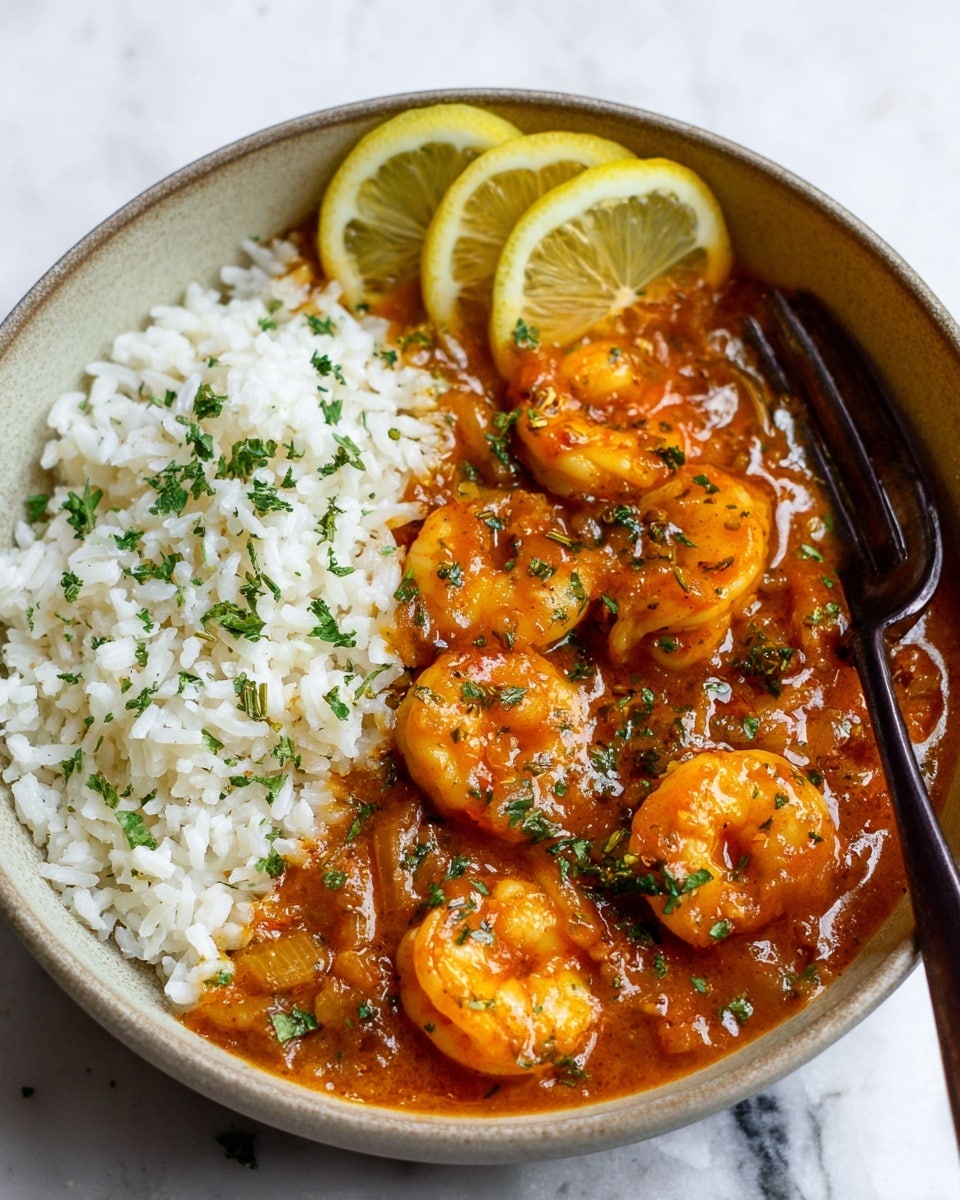 A bowl with white rice on one side topped with small green herb pieces and three lemon wedges above it; on the other side, there is a thick reddish-orange sauce with several large shrimp coated in it, sprinkled with fresh green herbs, and small chunks of cooked onions visible in the sauce; a dark fork is placed on the right edge of the bowl. The bowl sits on a white marbled surface. Photo taken with an iphone --ar 4:5 --v 7