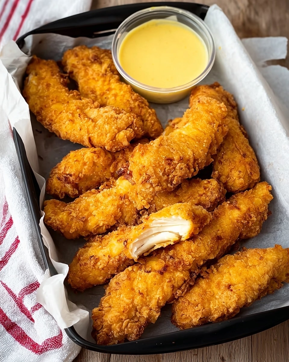 The image shows a black tray lined with white parchment paper filled with eight golden-brown fried chicken strips arranged unevenly. One chicken strip has a visible bite, showing the white interior. At the top of the tray, there is a small transparent container filled with light yellow dipping sauce. The tray rests on a wooden surface with a white and red striped cloth partially visible on the side. photo taken with an iphone --ar 4:5 --v 7