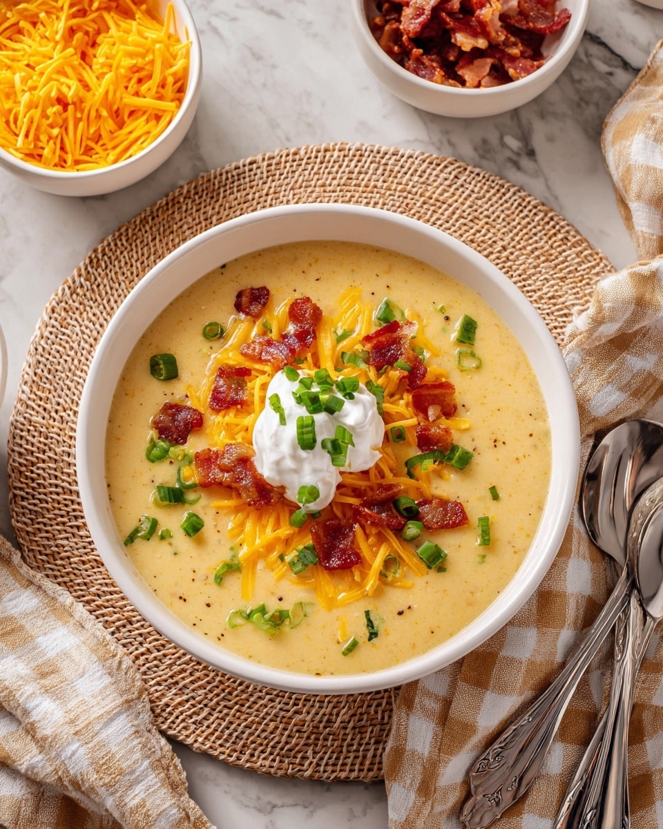 The image shows a close-up of a thick creamy soup in a black slow cooker, with a white ladle lifting a spoonful. The soup has three main layers: a pale yellow creamy base, small light beige potato chunks, and red-brown crispy bacon pieces scattered throughout. The spoonful also shows bright yellow shredded cheddar cheese melting on top and bright green chopped scallions adding a fresh color contrast. The background is a white marbled surface, and a woman's hand is holding the ladle. Photo taken with an iphone --ar 4:5 --v 7