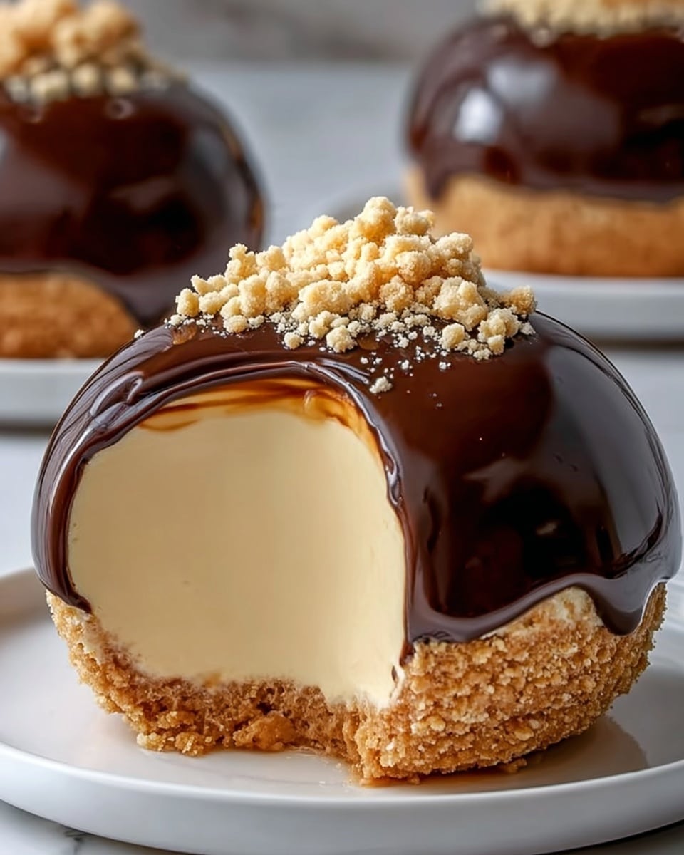The image shows a round dessert with three visible layers. The bottom layer is a crumbly, golden brown crust. Above it is a thick, creamy beige filling that looks smooth and dense. The top layer is a shiny, dark chocolate glaze that smoothly covers the dessert, dripping slightly over the edges. On top, there are small light brown crumb pieces scattered as decoration. The dessert sits on a white plate on a white marbled surface. In the background, there is another similar dessert slightly blurred. Photo taken with an iphone --ar 4:5 --v 7