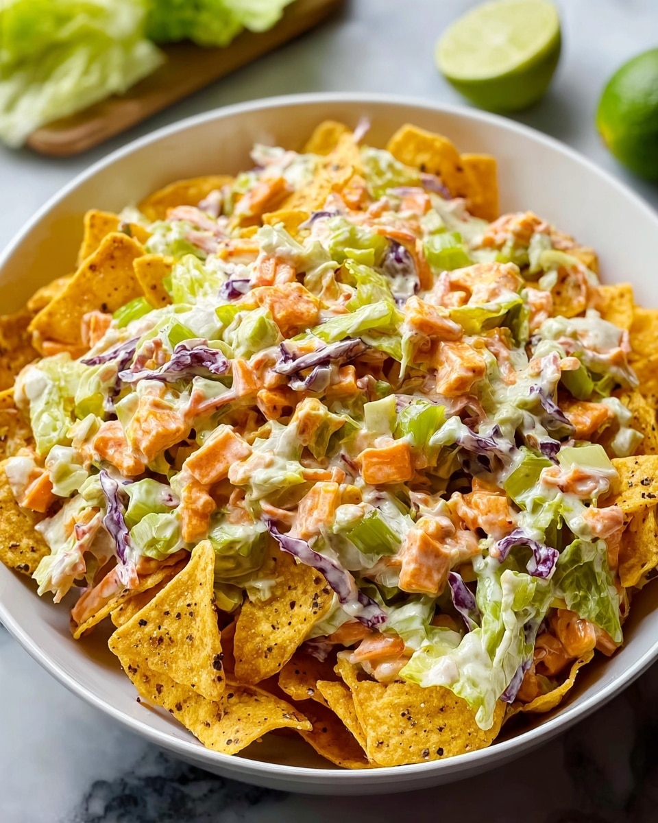 The dish is served in a white bowl filled with layered crunchy yellow corn chips at the bottom. On top, there are chunks of soft orange sweet potatoes mixed with scattered yellow corn kernels, diced red onions, and chopped green herbs. Over this, there are small pieces of browned meat layered with a light drizzle of creamy white sauce and an orange melted cheese sauce spread unevenly. The bowl sits on a white marbled surface with some yellow corn chips scattered around it, and a lime cut in half is placed nearby. photo taken with an iphone --ar 4:5 --v 7