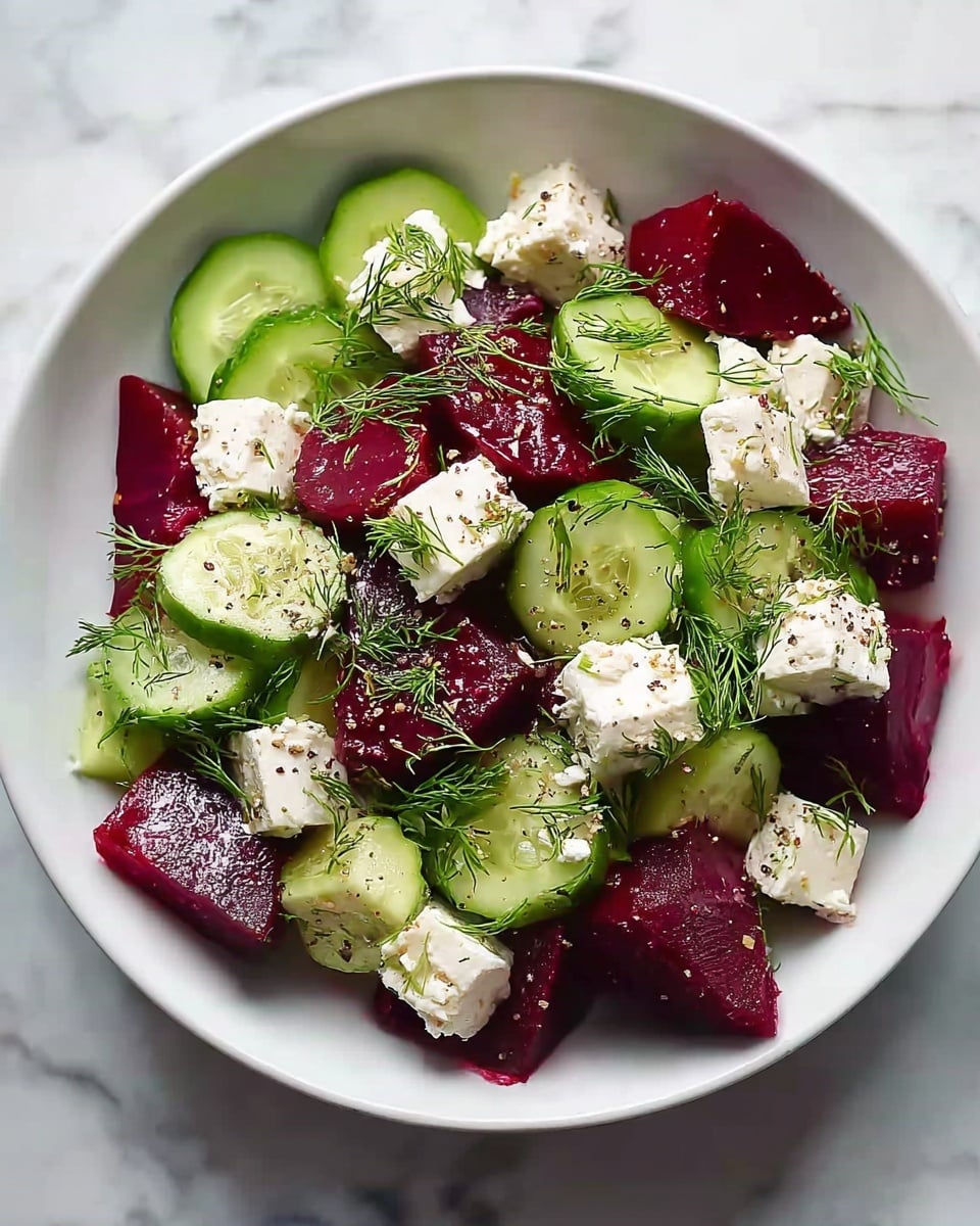 A white bowl holds a fresh salad with three main layers: large deep red beet pieces cut into wedges, bright green cucumber slices with smooth skin, and white cubes of soft cheese scattered evenly on top. Sprigs of green dill are spread over the salad, and a light sprinkle of black pepper is visible on the ingredients. The bowl sits on a white marbled surface. Photo taken with an iphone --ar 4:5 --v 7