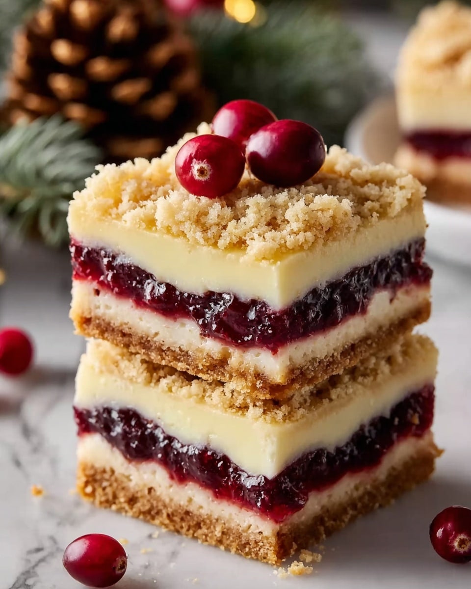 The image shows two square dessert bars stacked on a white marbled surface. Each bar has four visible layers: the bottom layer is a crumbly light brown crust, above it is a thick smooth cream layer in pale yellow, followed by a dark red, glossy berry jam layer, then another cream layer similar to the one below the jam. The top is covered with a crumbly golden brown streusel. On the top bar, three shiny red cranberries sit in the center. The background includes blurred holiday-themed decor with pine cones and some greenery. photo taken with an iphone --ar 4:5 --v 7
