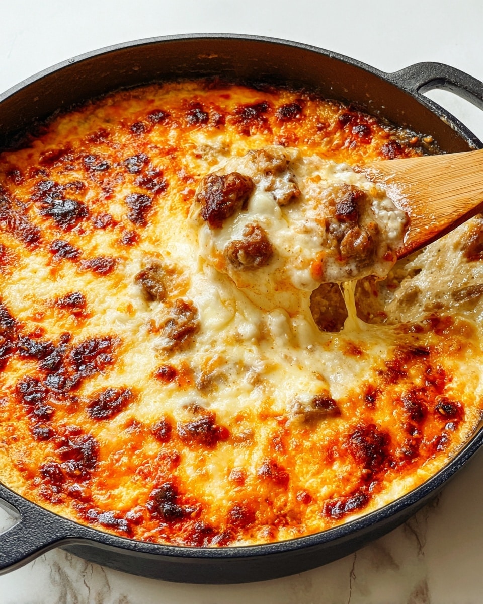 A close-up of a cast iron pan filled with a baked dish that has two visible layers: the top layer is golden brown and bubbly melted cheese with some darker toasted spots, and beneath it is an orange oily sauce that slightly peeks out around the edges. The cheese layer is thick, smooth, and slightly browned in places, giving it a rich texture. The black pan has handles on both sides, set on a white marbled surface. Photo taken with an iphone --ar 4:5 --v 7