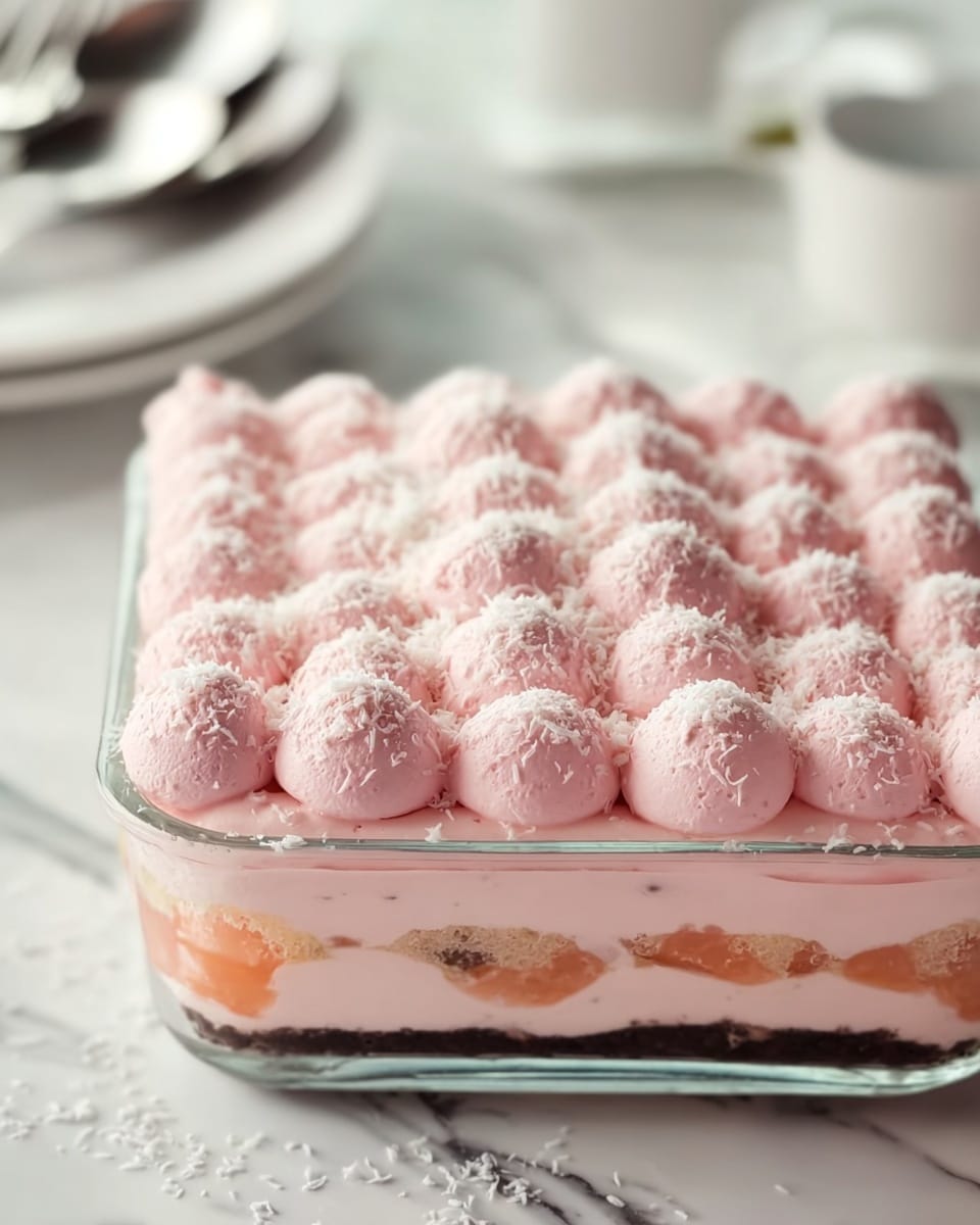 A square slice of dessert with three visible layers sits on a white plate on a white marbled texture. The bottom layer is light golden sponge cake, followed by a thick layer of smooth pink creamy filling mixed with a thin layer of red raspberry jam or sauce. Above that is another layer of light golden sponge cake topped with fluffy pink cream dollops sprinkled with fine white coconut shreds. A single fresh red raspberry is placed at the base on the plate. In the blurred background, there are soft pink objects adding gentle color. photo taken with an iphone --ar 4:5 --v 7
