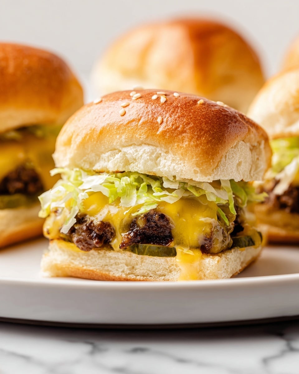 The image shows several small cheeseburgers placed on parchment paper on a white marbled surface. Each cheeseburger has a shiny golden brown sesame seed bun on top. Below the bun, there is a layer of fresh green lettuce with a crisp texture. Under the lettuce lies a slice of melted bright yellow cheese that covers a juicy cooked beef patty with a slightly crumbly texture. The bottom bun is also golden brown and soft. The burgers are arranged close to each other, filling the frame. The colors are warm and inviting with a focus on the layers and textures of the lettuce, cheese, and beef. Photo taken with an iphone --ar 4:5 --v 7
