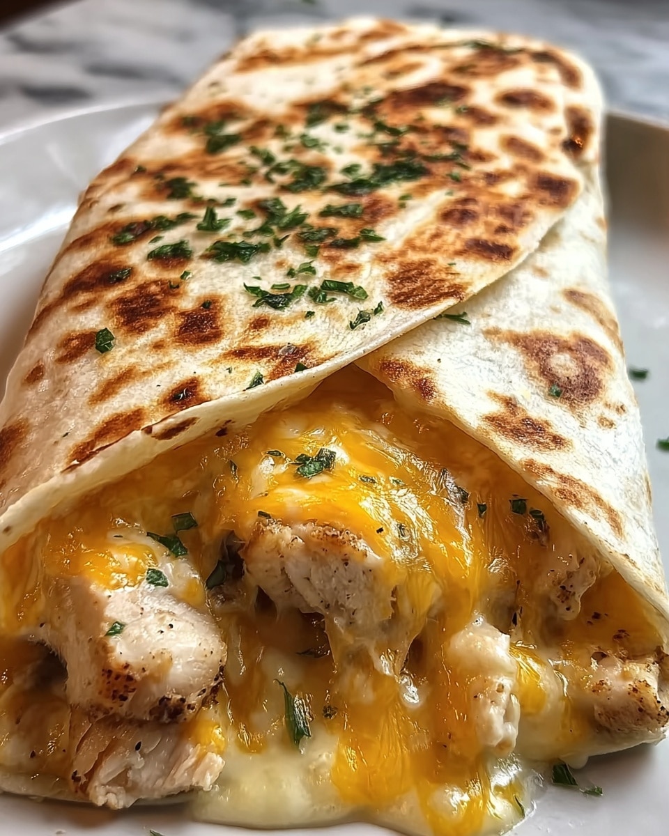 Two folded tortillas lie side by side on a white marbled surface, each filled with chunks of light brown grilled chicken inside. The top layer of the tortillas is covered with melted yellow and white cheese that is slightly browned and bubbly, draping over the edges. Small bits of green chopped herbs are sprinkled on the cheese for color contrast. The tortillas have a soft, slightly toasted look with browned spots. Photo taken with an iphone --ar 4:5 --v 7