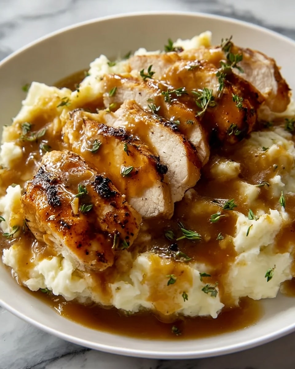 The image shows a white plate with three thick slices of grilled chicken placed on a bed of creamy mashed potatoes. The chicken pieces have a golden-brown crust with visible grill marks, and they are topped with a glossy brown gravy that is slightly thick and has small green herb pieces scattered on top. The mashed potatoes are soft and fluffy, creamy white in color, and some of the brown gravy spreads across the edges. The background is a white marbled texture. Photo taken with an iphone --ar 4:5 --v 7