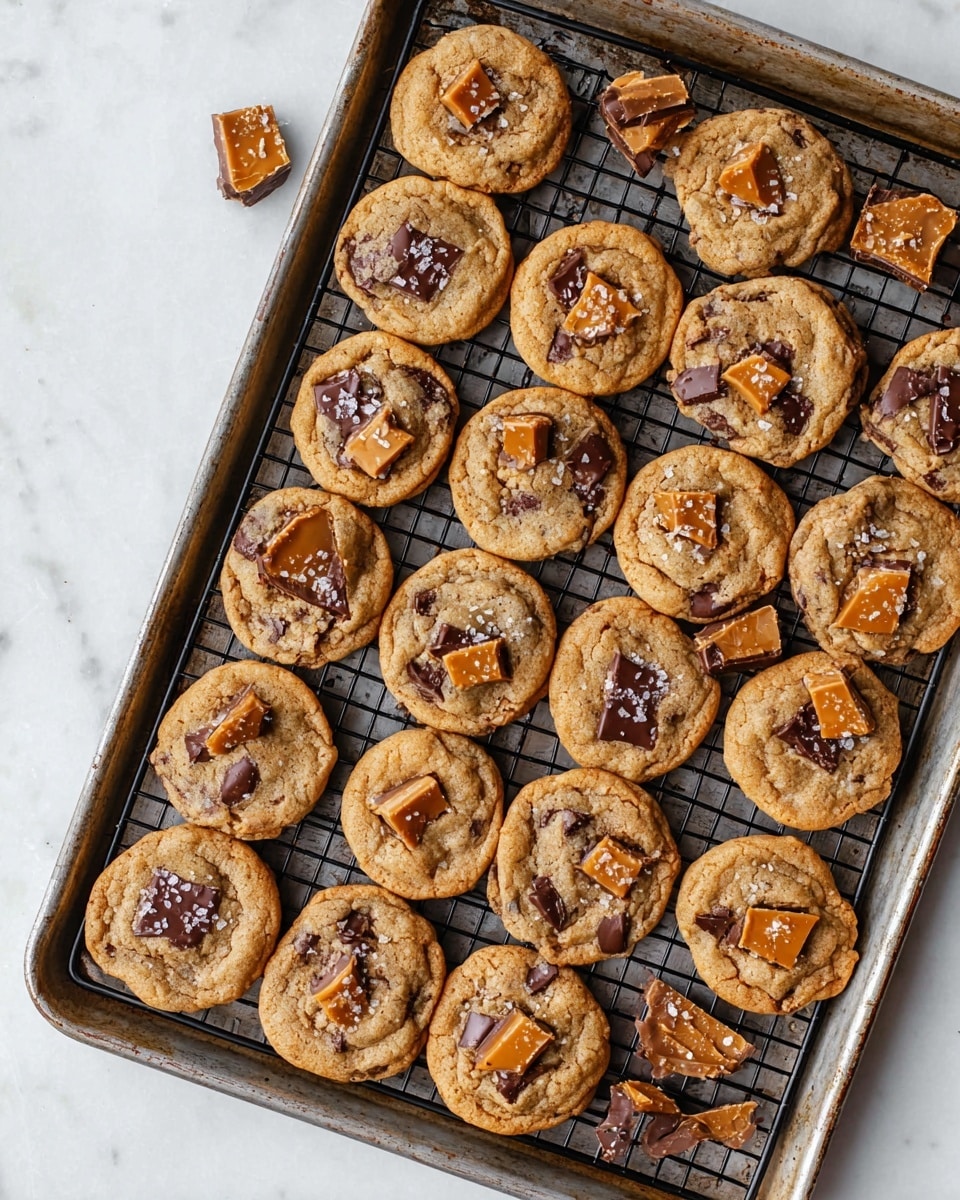 A metal baking tray holds 23 round cookies arranged closely on a black wire rack, each cookie golden brown with a slightly cracked texture. The cookies have chunks of dark chocolate and pieces of light brown toffee visible on top, sprinkled lightly with coarse white sea salt. Around the edges of the tray, broken pieces of toffee with a chocolate layer rest randomly. The tray sits on a white marbled surface, adding a clean, bright background to the warm colors of the cookies and toffee. photo taken with an iphone --ar 4:5 --v 7