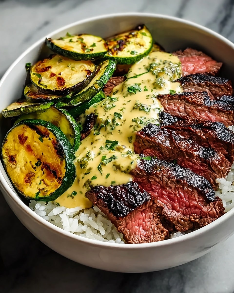 A white bowl filled with three main layers: the bottom layer is fluffy white rice with a soft texture visible at the edges, the middle layer has grilled zucchini slices showing dark grill marks and a shiny green skin, and the top layer features several slices of medium-rare steak with a pink inside and dark charred edges, all covered with a creamy yellow sauce speckled with green herbs, sitting on a white marbled surface. photo taken with an iphone --ar 4:5 --v 7