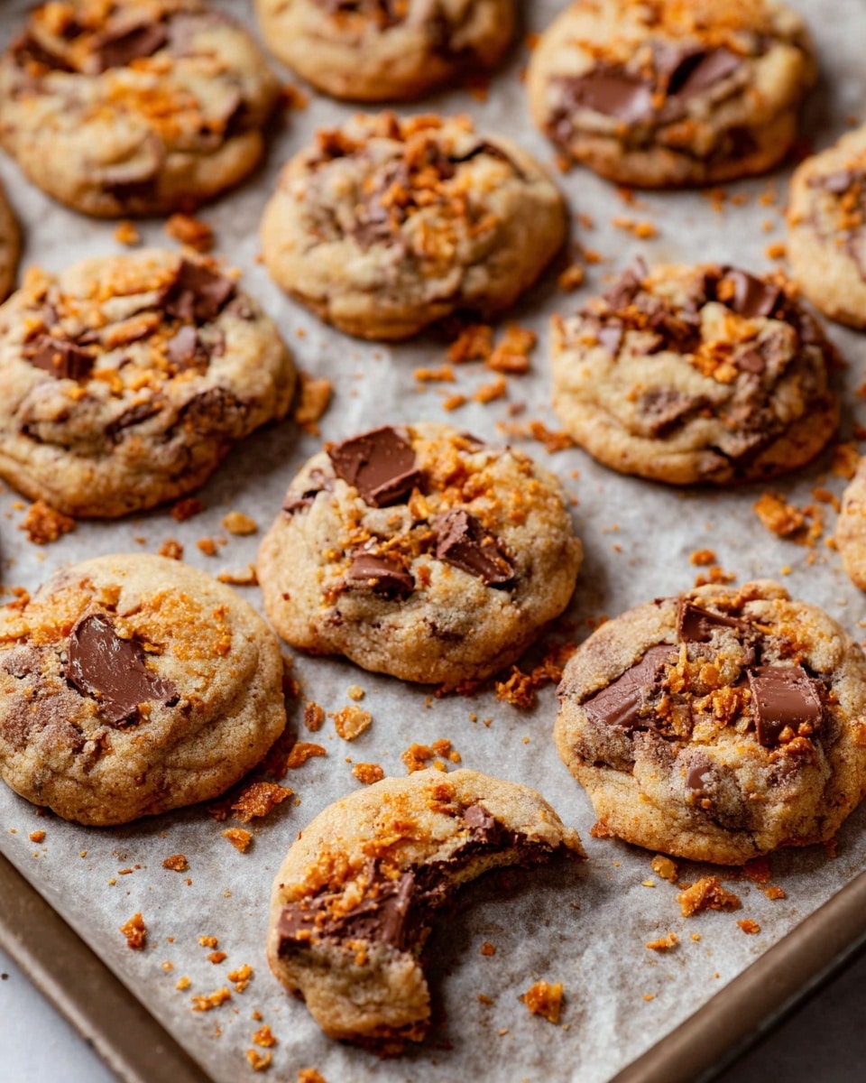 The image shows a close-up of a crumbly cookie with three main visible layers: a rough textured light brown outer cookie layer, a dense orange middle filling, and small pieces of crushed orange chips scattered on top and around the cookie. There is a small spot of melted dark brown chocolate on the surface near the front. The cookie is broken, revealing the thick filling inside with some crumbs fallen beside it. The background is blurred but appears to have similar cookies on a white marbled surface. photo taken with an iphone --ar 4:5 --v 7