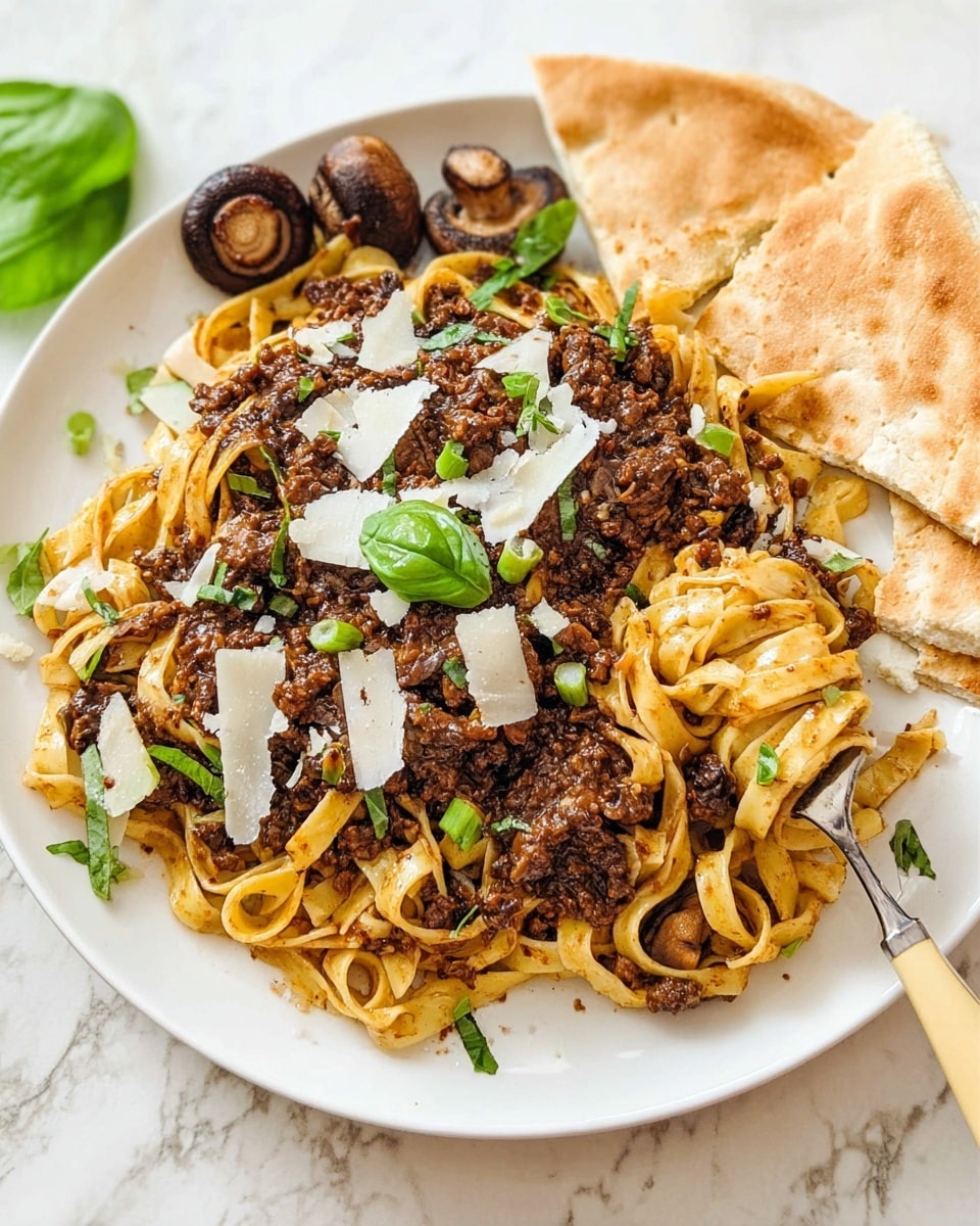 A white round plate holds a serving of tagliatelle pasta mixed with dark brown meat sauce with visible chunks, layered evenly in the center. Scattered on top are thin white cheese shavings, bright green basil leaves, and small green chopped onions, adding fresh color contrast. Two whole brown mushrooms rest on the pasta's left side. On the right side, two pieces of folded light brown flatbread are placed partly on the plate’s edge. A fork with a beige handle is lifting some pasta strands from the right side. The plate sits on a white marbled surface. photo taken with an iphone --ar 4:5 --v 7
