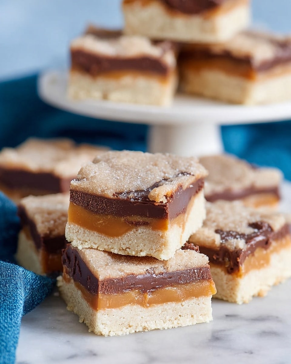 The image shows several square dessert bars with three visible layers. The bottom layer is light beige and looks firm and crumbly like a shortbread crust. The middle layer is thick and golden brown, smooth and slightly glossy, resembling caramel. The top layer is a rich, dark brown chocolate layer that appears soft and dense. Above the chocolate layer, there is a crumbly pale beige topping sprinkled unevenly. One dessert square is placed on a small white pedestal dish, while other pieces surround it on a white marbled surface partially covered by a dark blue cloth. The lighting is bright and soft, showing the textures and colors clearly. photo taken with an iphone --ar 4:5 --v 7