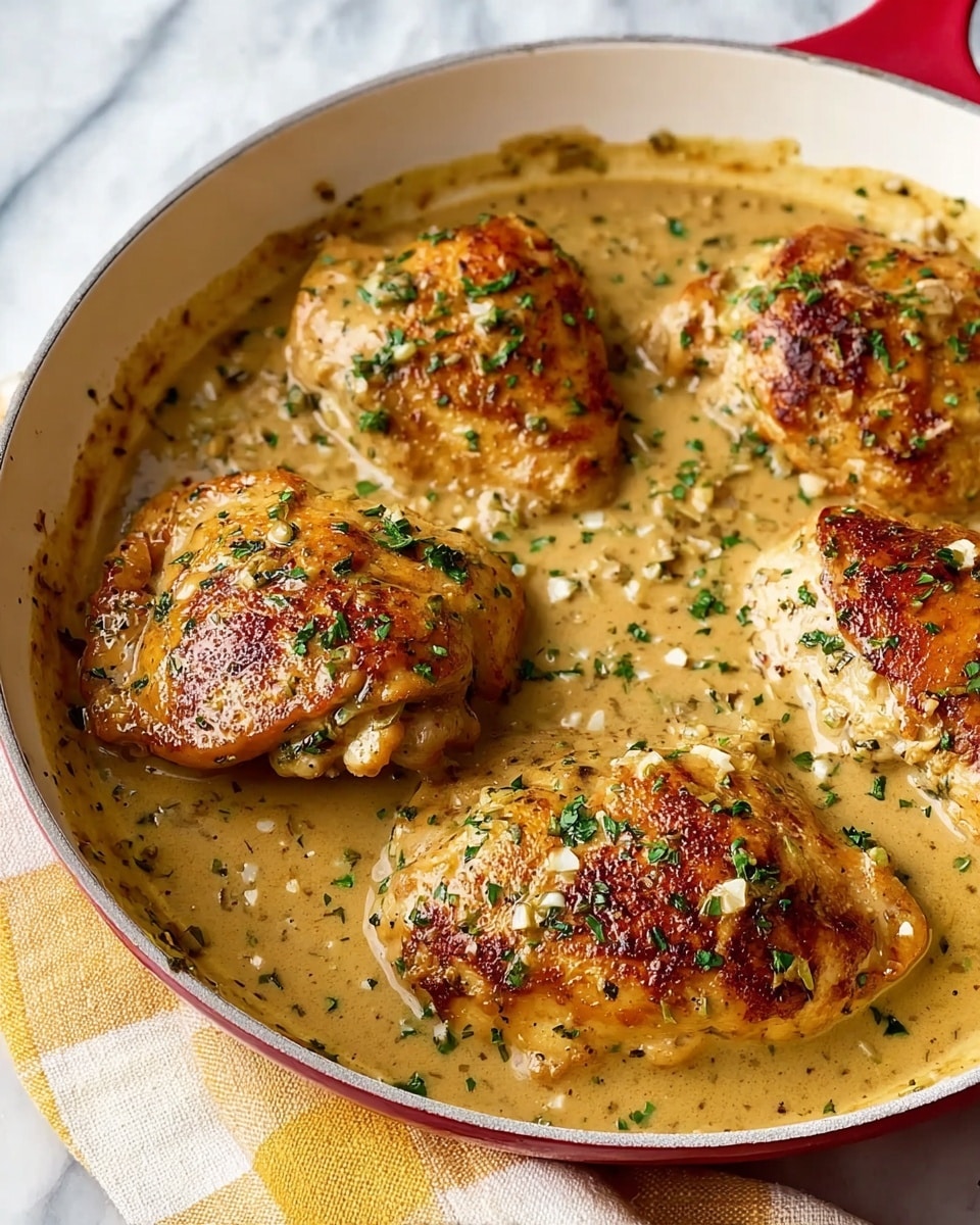 A close-up view of a pan filled with four golden-brown cooked chicken pieces in a creamy, light brown sauce with small bits of herbs and garlic. The chicken pieces have crispy, browned spots and are sprinkled with finely chopped green herbs. The sauce looks thick and covers the base of the pan, surrounding the chicken with a smooth texture. The pan is white with a red outer edge, placed on a white marbled surface with a yellow checkered cloth visible partially underneath. photo taken with an iphone --ar 4:5 --v 7
