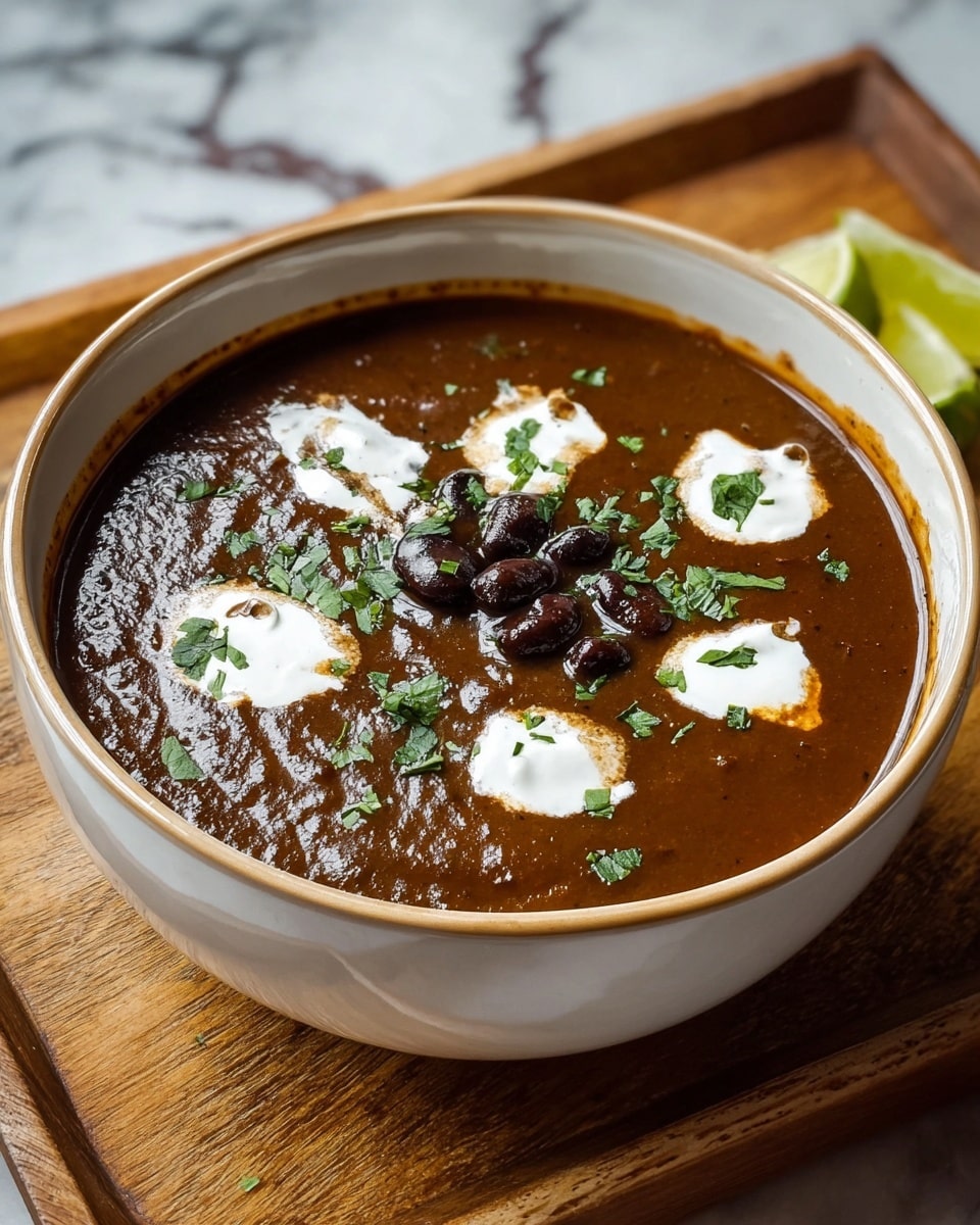 A deep white bowl filled with thick dark brown soup that has a smooth texture mixed with some chunks, topped with small dollops of white cream swirled lightly on the surface and sprinkled with chopped green herbs. The soup is garnished with a few dark beans visible on top. The bowl is resting on a wooden board with a white marbled texture visible around it. Photo taken with an iphone --ar 4:5 --v 7