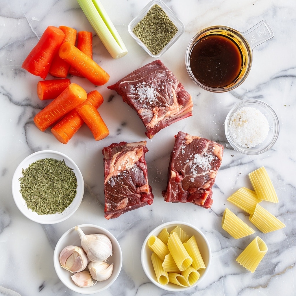 A white bowl filled with wide, flat yellow pasta noodles covered in a rich, thick brownish-red sauce with visible chunks of tender shredded meat mixed throughout. The pasta and meat are topped with small pieces of chopped green herbs scattered evenly on top. The sauce has a slightly glossy texture with bits of cooked onions visible. The bowl sits on a white marbled surface with a green and white cloth partially visible on the left side. Photo taken with an iphone --v 7